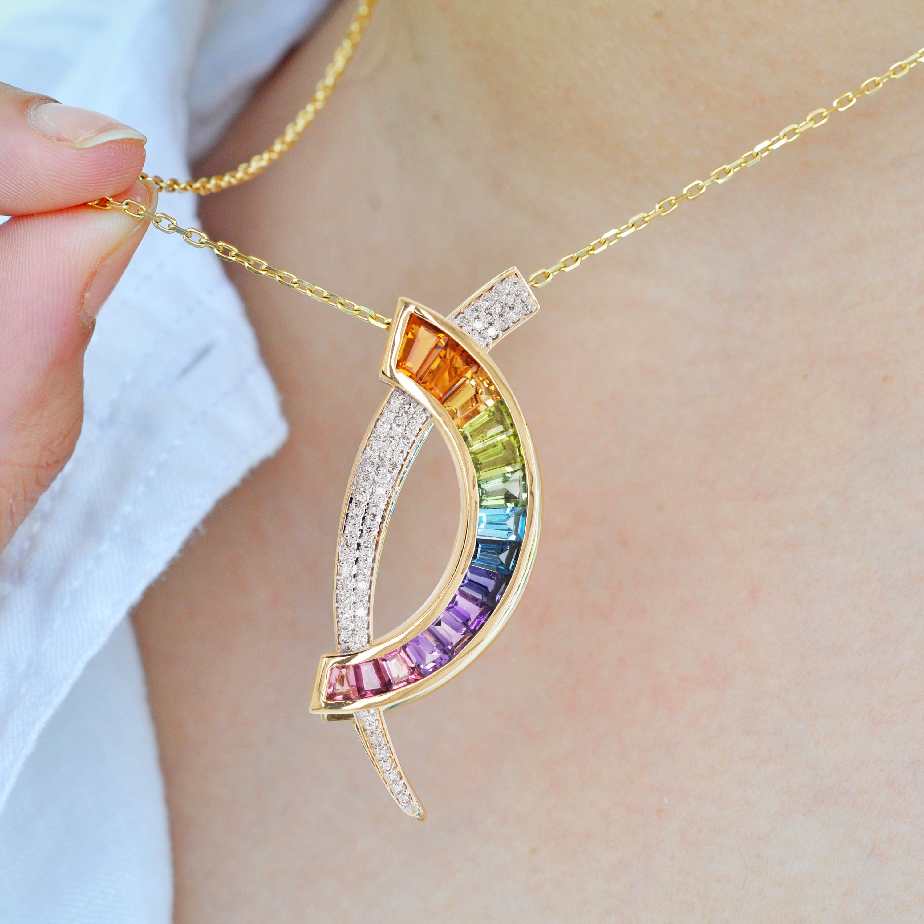 Baguette Cut 18 Karat Gold Multicolour Rainbow Diamond Contemporary Pendant Necklace Brooch For Sale