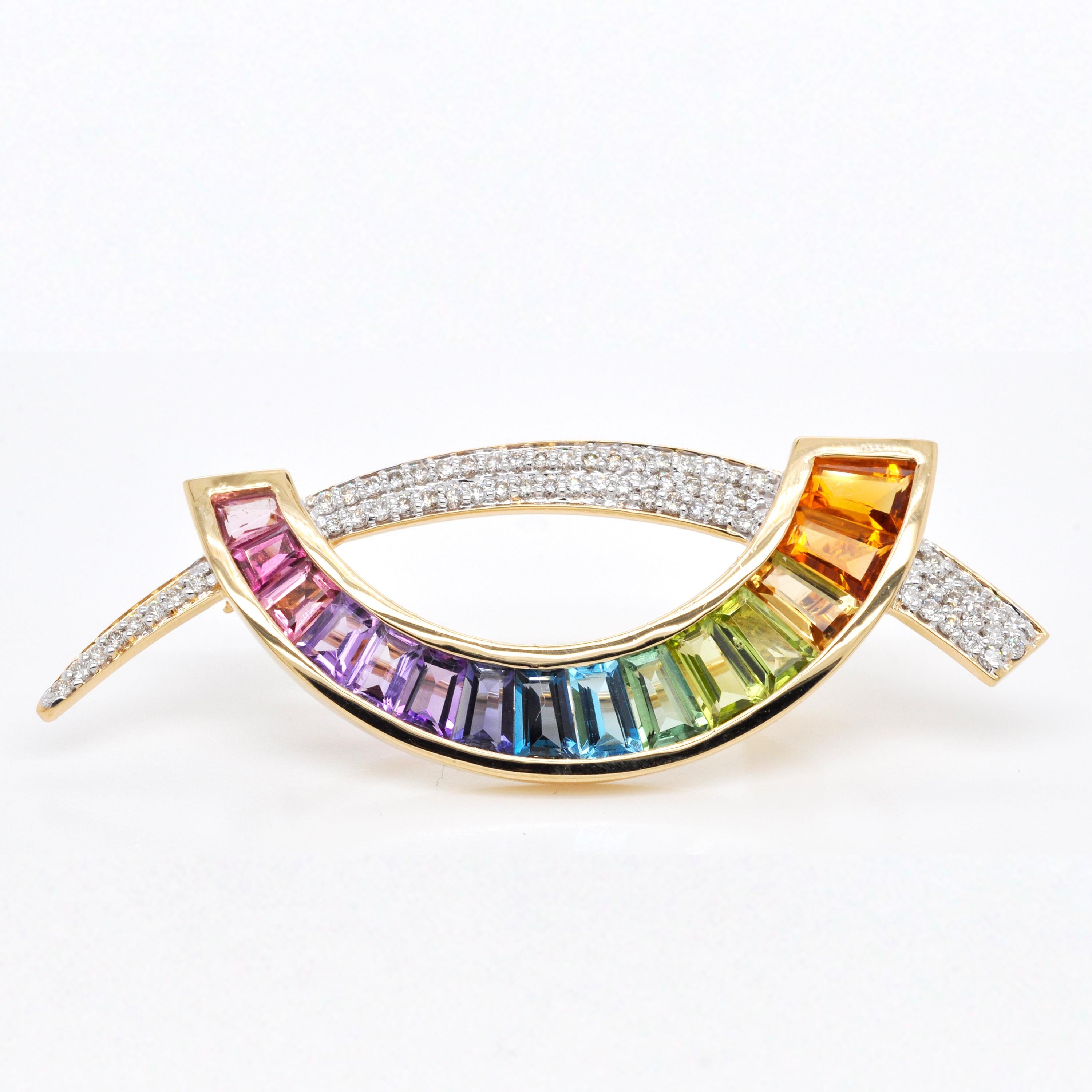 18 Karat Gold Multicolour Rainbow Diamond Anhänger Halskette Brosche (Baguetteschliff) im Angebot