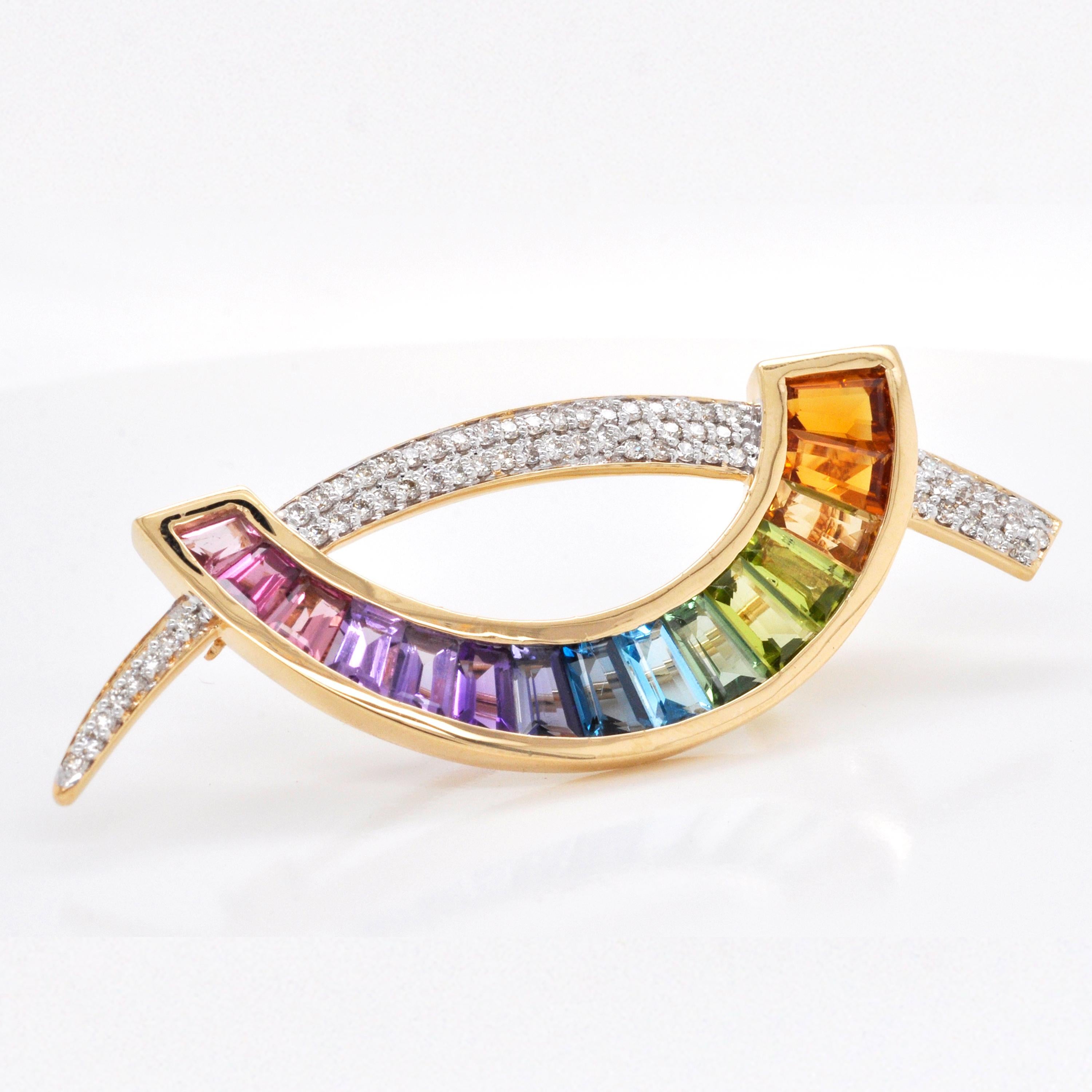 Women's or Men's 18 Karat Gold Multicolour Rainbow Diamond Contemporary Pendant Necklace Brooch For Sale