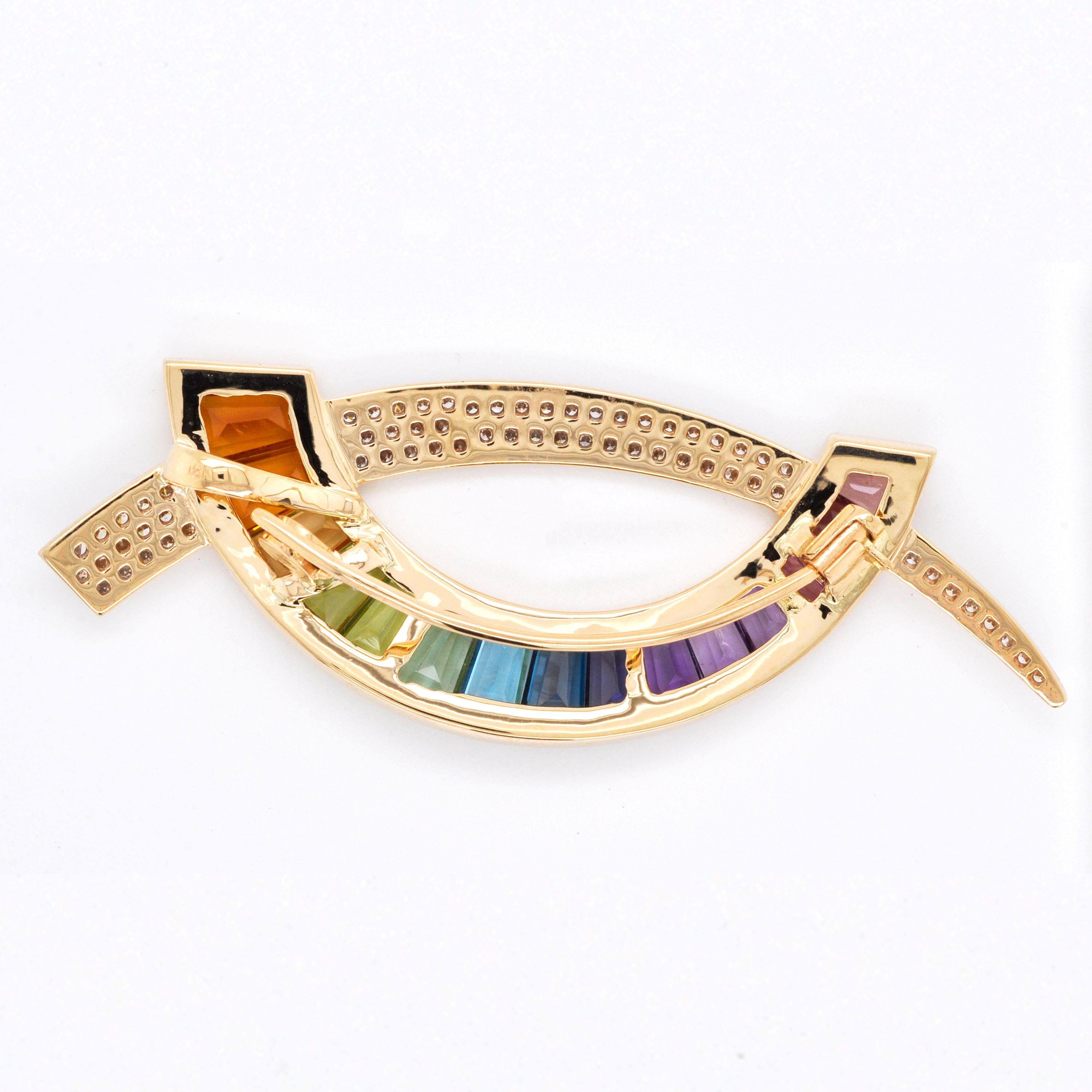 18 Karat Gold Multicolour Rainbow Diamond Contemporary Pendant Necklace Brooch For Sale 1