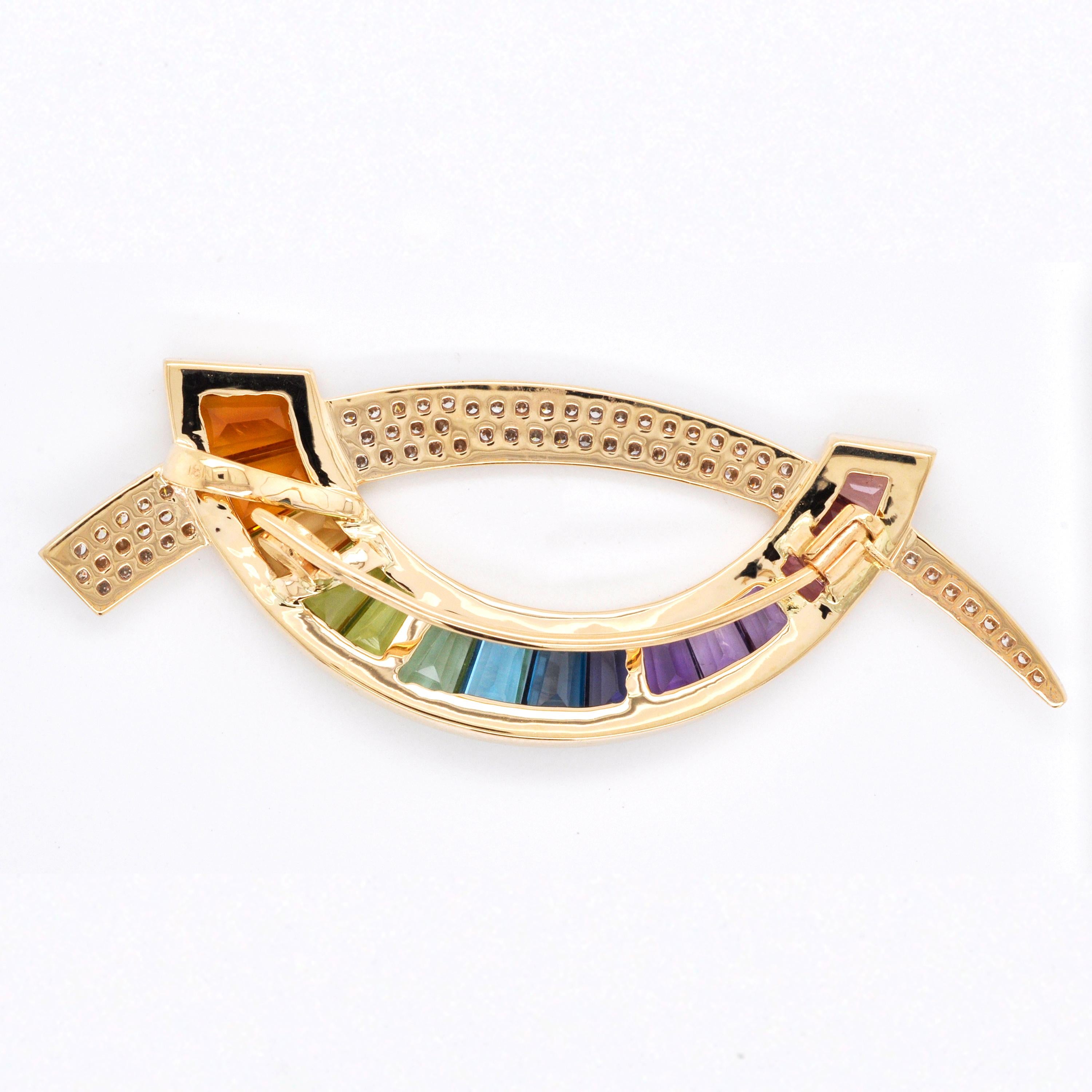 14 Karat Gold Multicolour Rainbow Diamond Contemporary Pendant Necklace Brooch For Sale 1