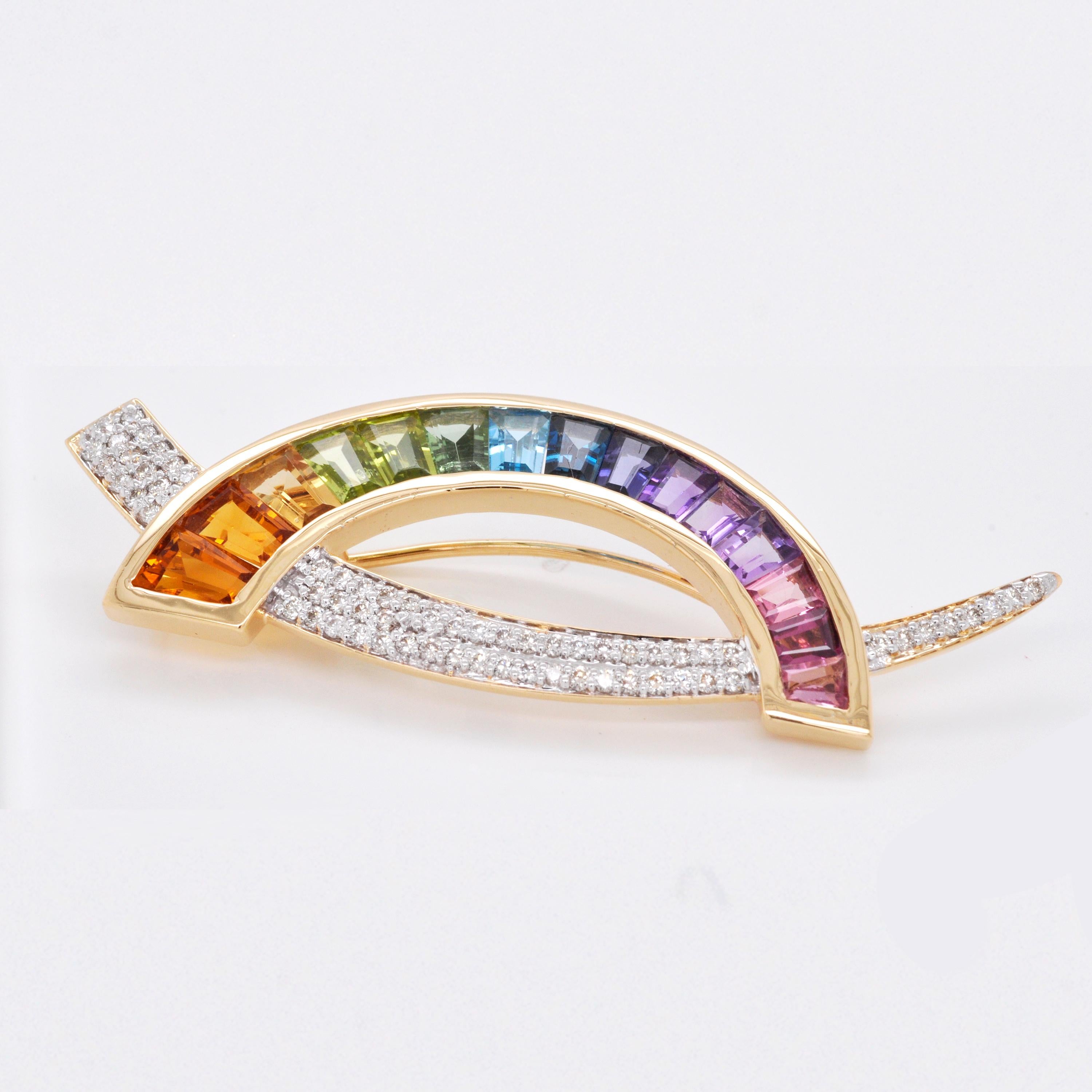 18 Karat Gold Multicolour Rainbow Diamond Contemporary Pendant Necklace Brooch For Sale 2