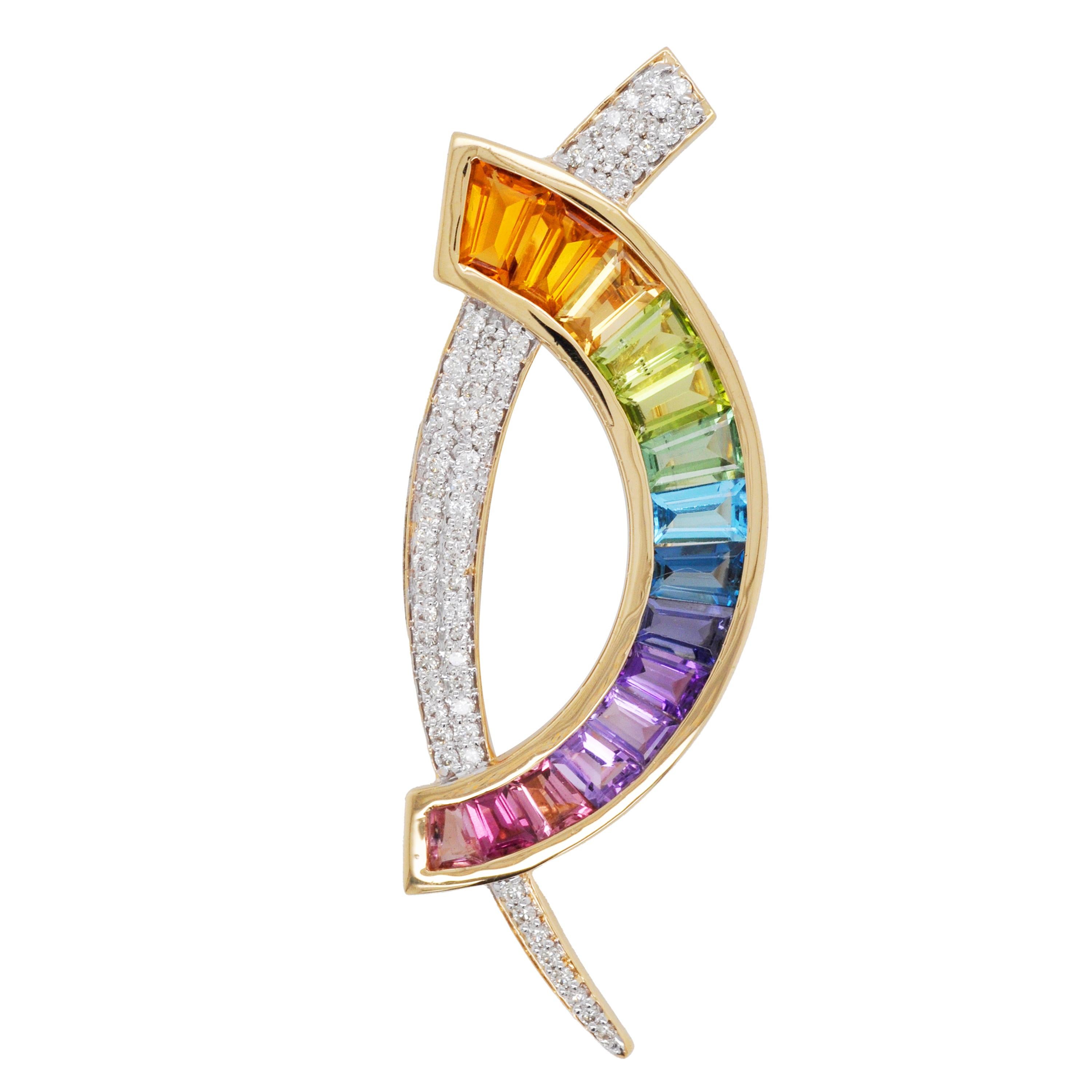 18 Karat Gold Multicolour Rainbow Diamond Contemporary Pendant Necklace Brooch For Sale