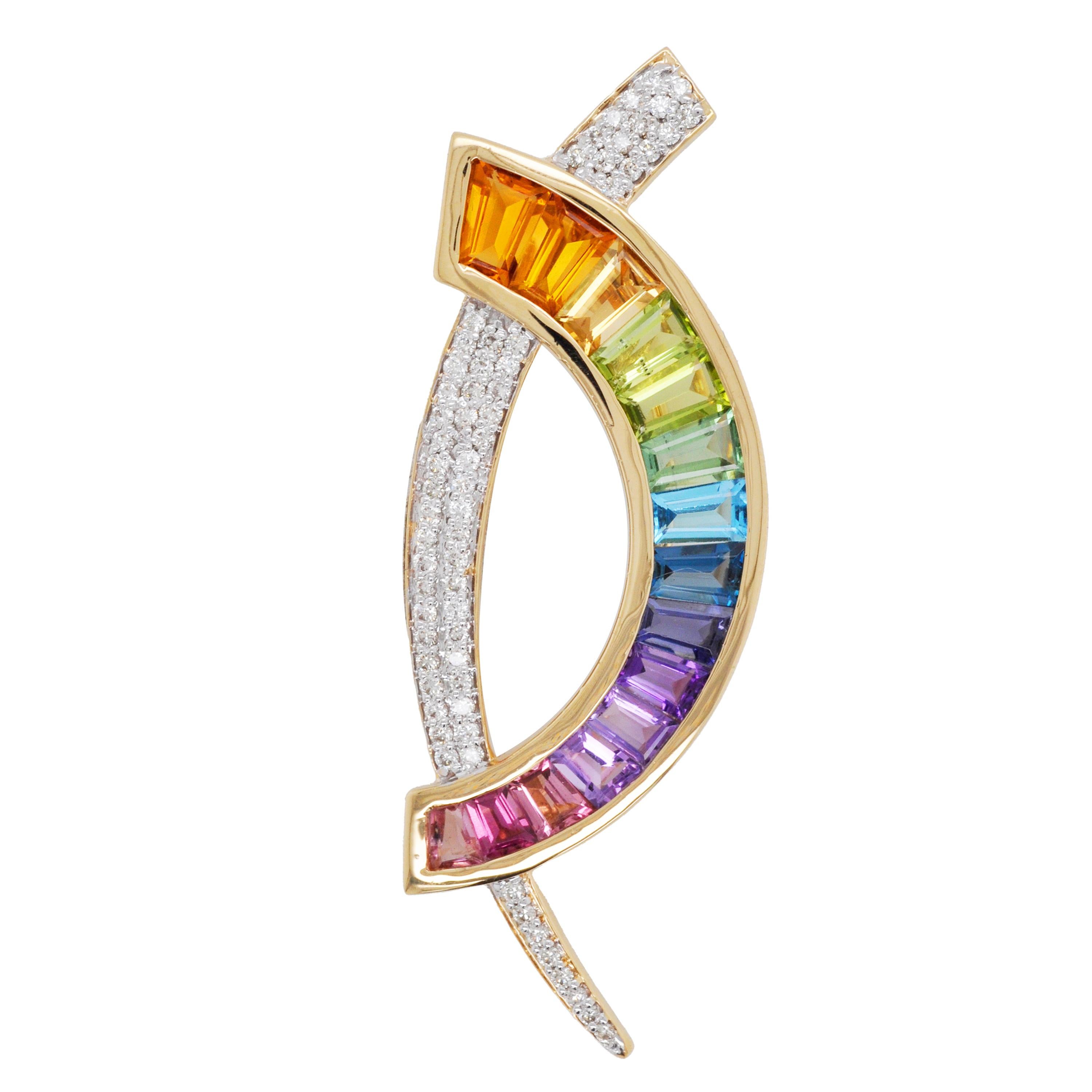 Collar Colgante Broche Contemporáneo Diamantes Arco Iris Multicolor Oro 18 Kilates