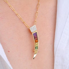 18 Karat Gold Muticolor Rainbow Tapered Baguette Diamond Pendant Brooch
