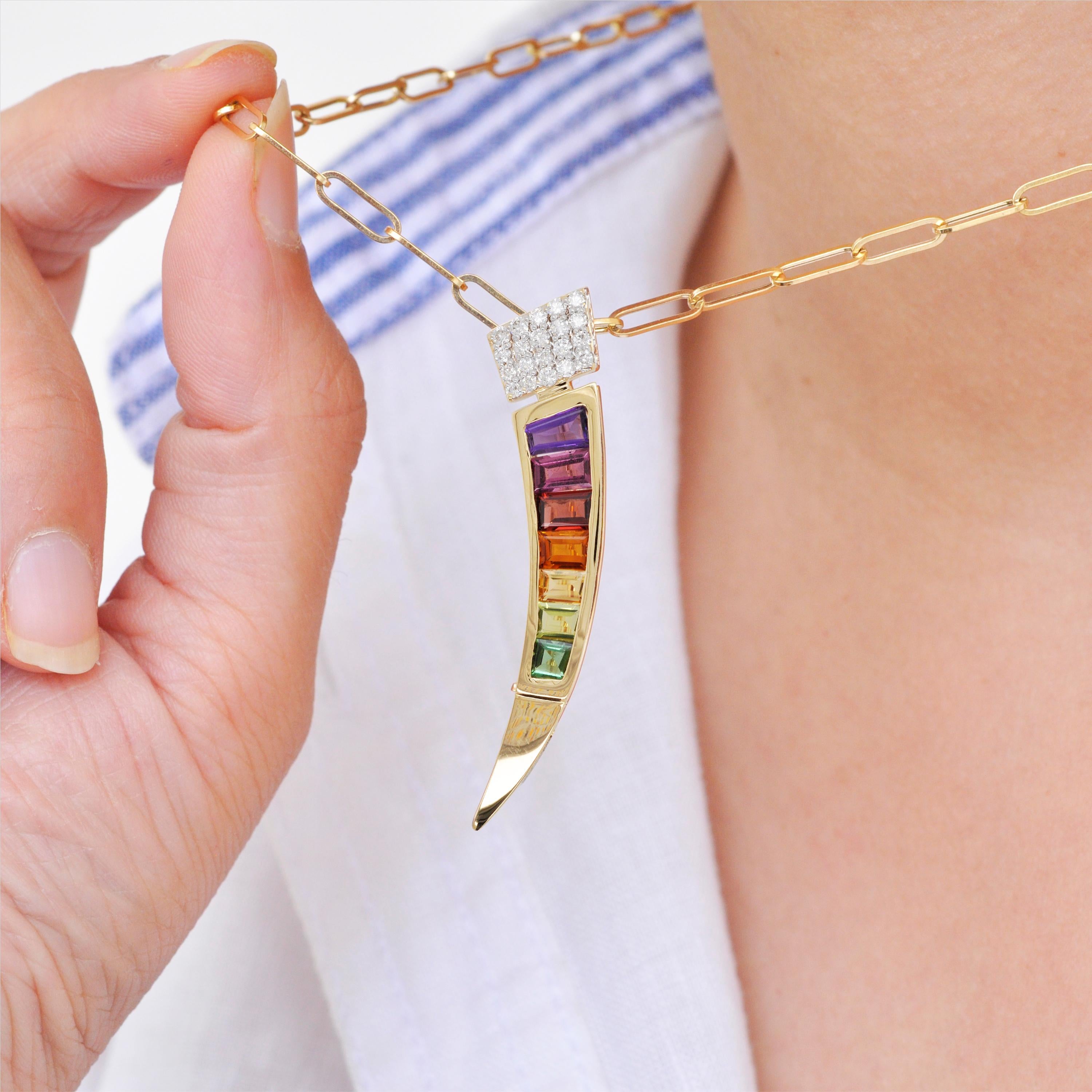 Contemporary 18 Karat Gold Muticolor Rainbow Tapered Baguette Diamond Pendant Brooch For Sale