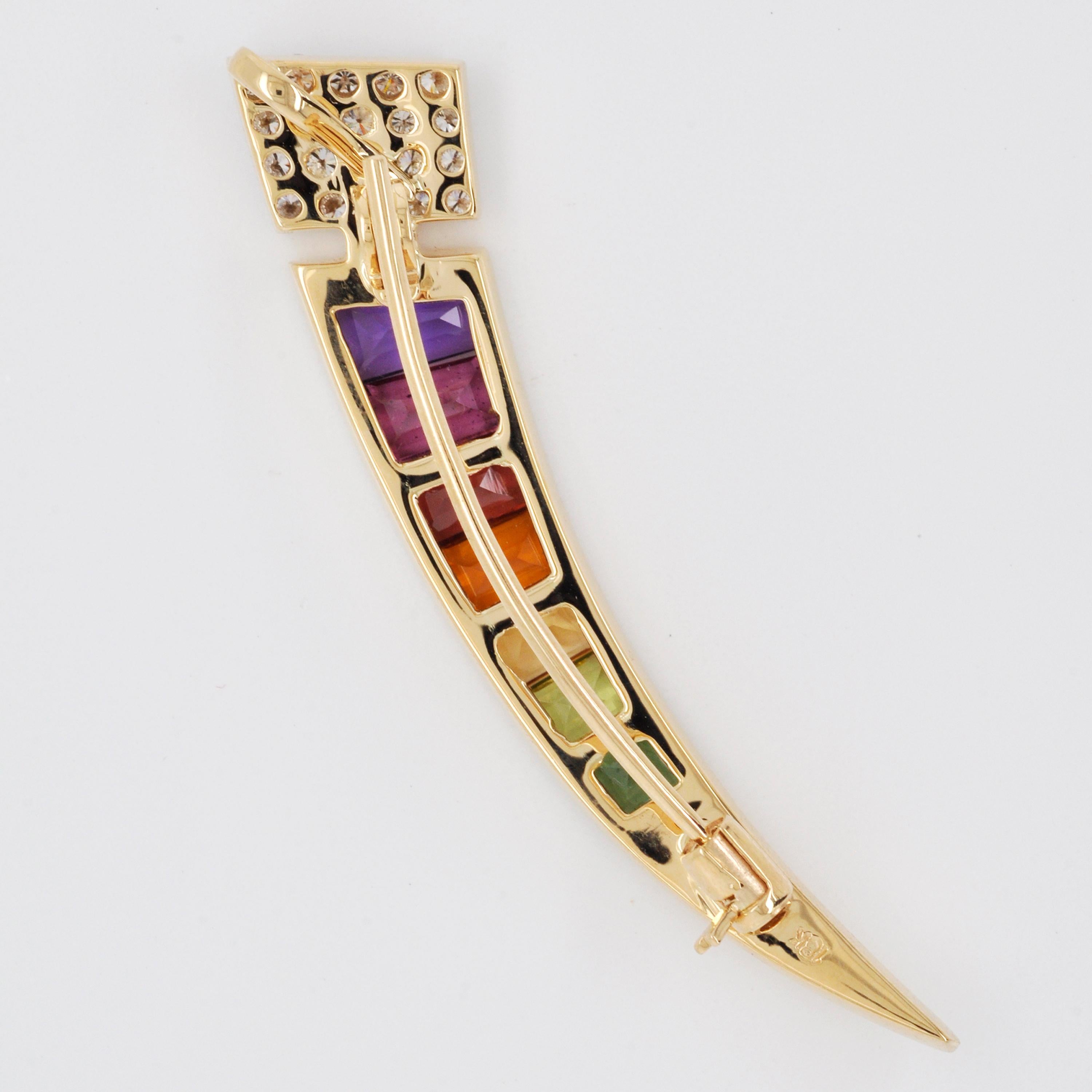 Women's or Men's 18 Karat Gold Muticolor Rainbow Tapered Baguette Diamond Pendant Brooch For Sale