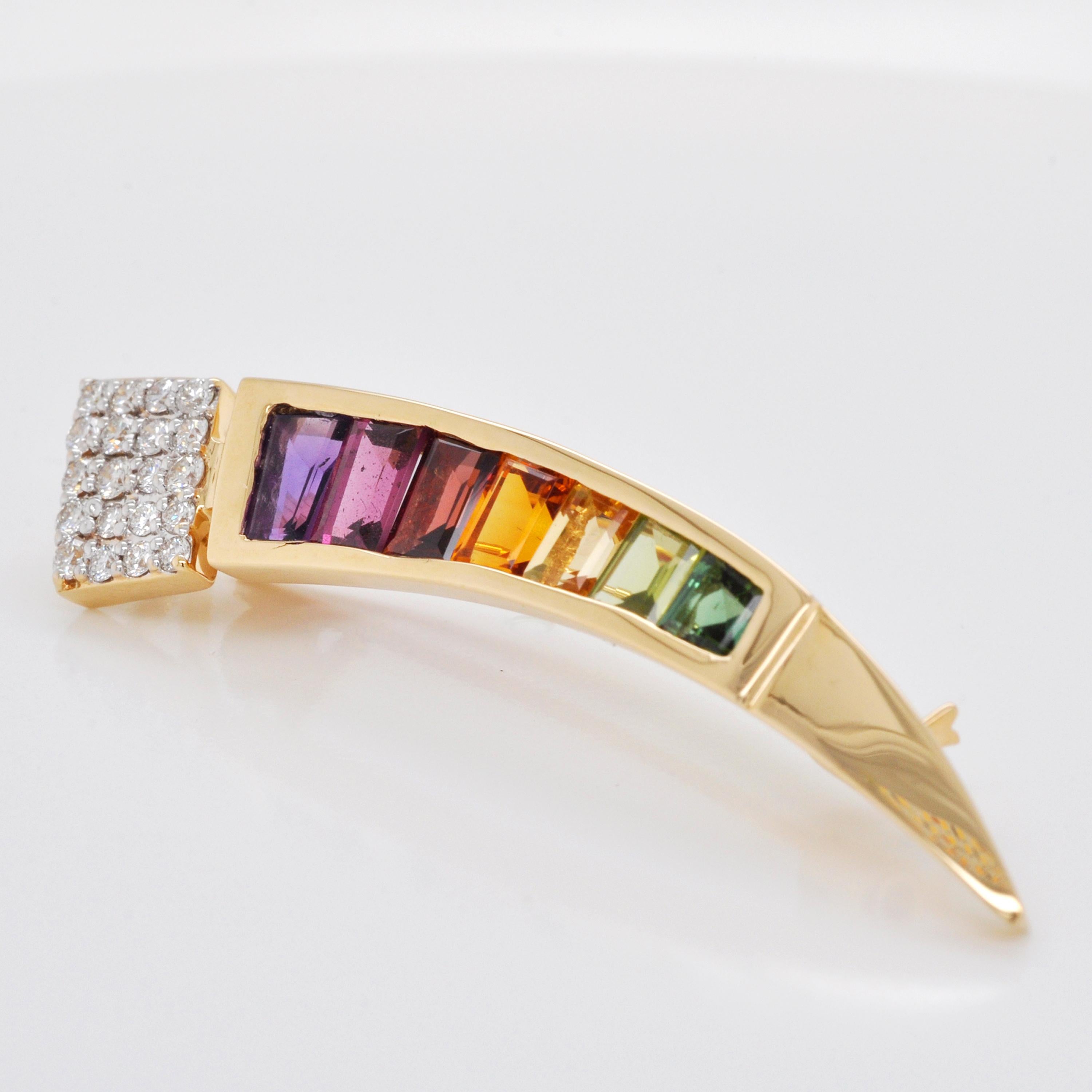 18 Karat Gold Muticolor Rainbow Tapered Baguette Diamond Pendant Brooch For Sale 2