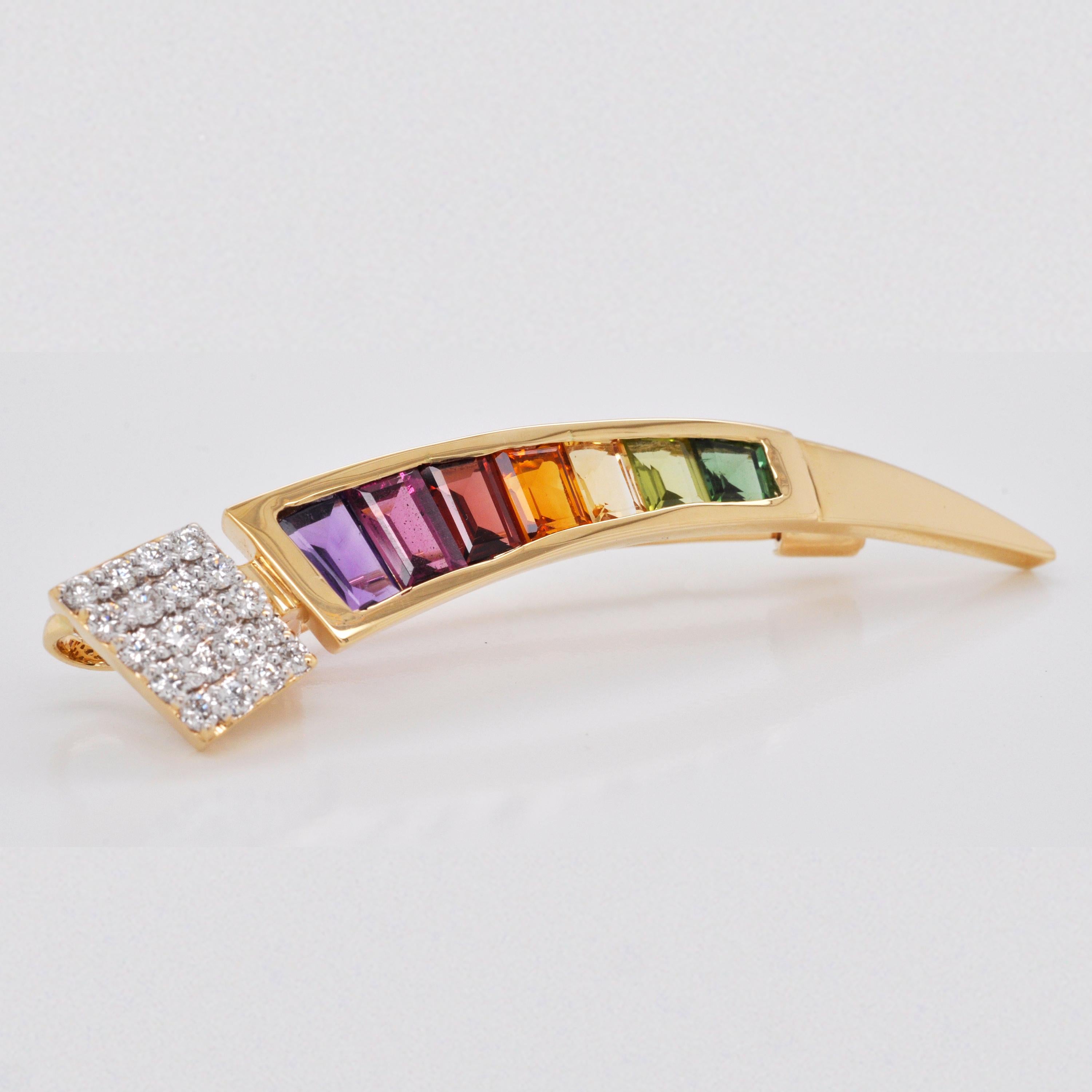 18 Karat Gold Muticolor Rainbow Tapered Baguette Diamond Pendant Brooch For Sale 3