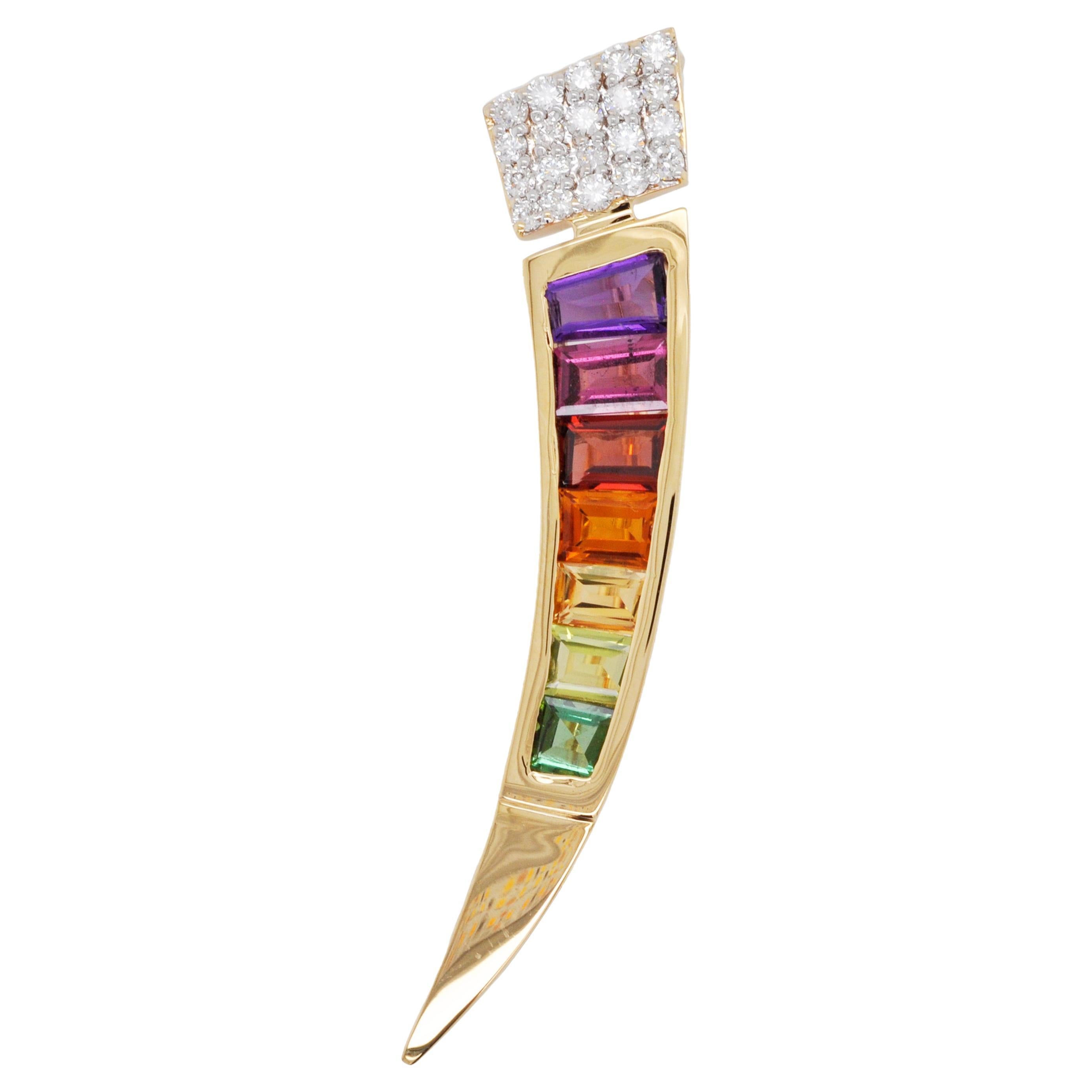 18 Karat Gold Muticolor Rainbow Tapered Baguette Diamond Pendant Brooch For Sale