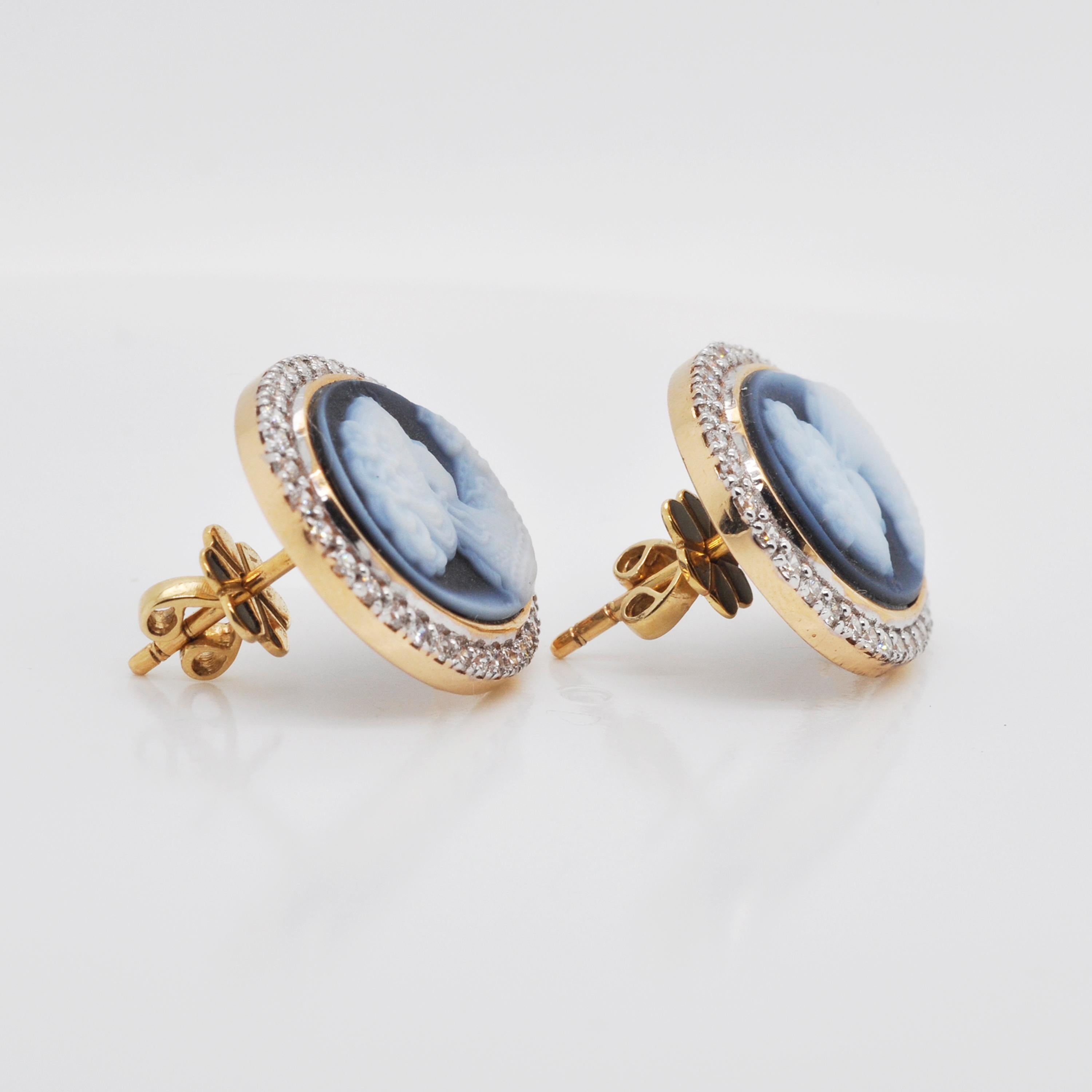 18 Karat Gold Prinzessin Porträt Achat Edelstein Diamant Ohrstecker 1