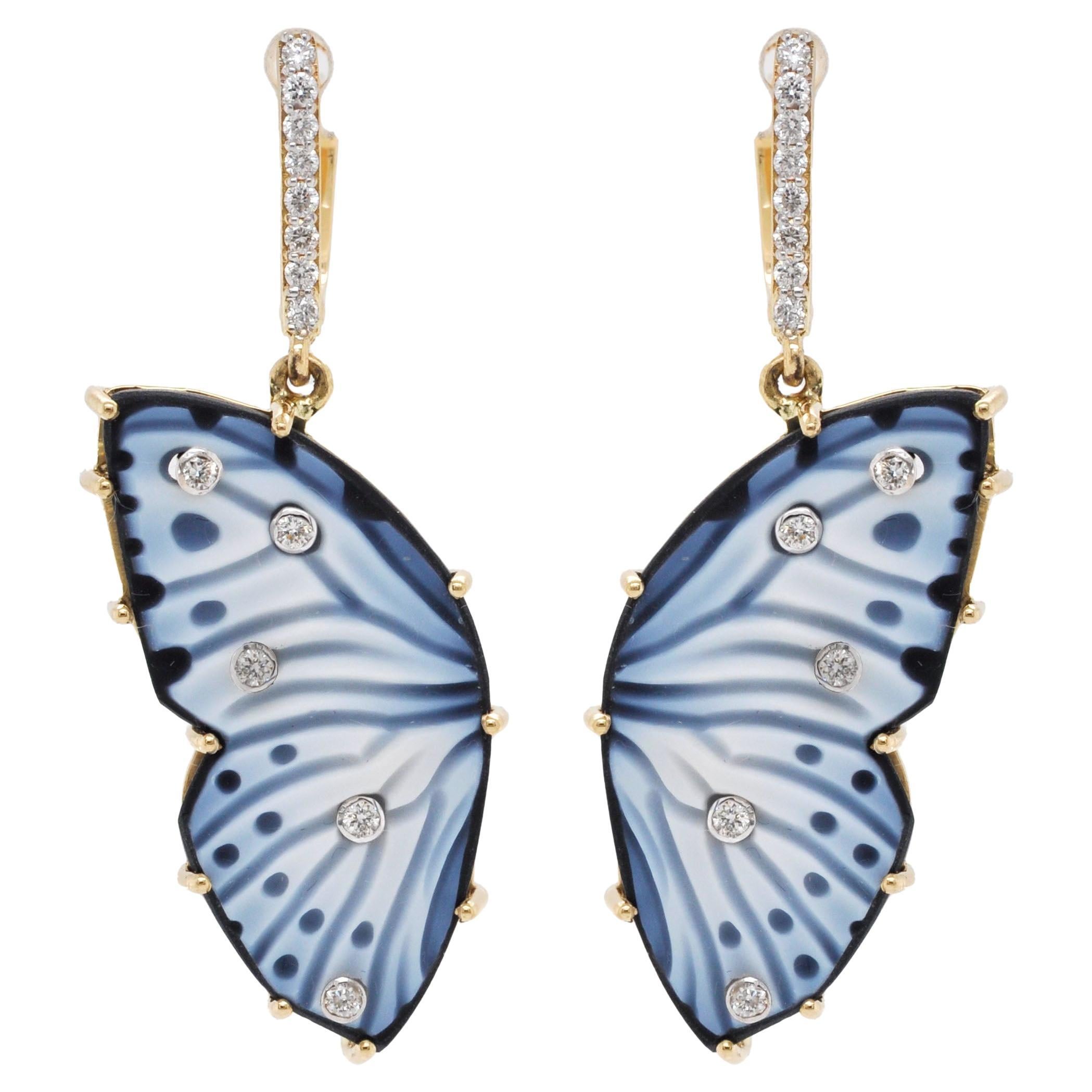 18 Karat Gold Natural Agate Hand Carved Agate Butterfly Diamond Dangle Earrings