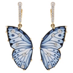 18 Karat Gold Natural Agate Hand Carved Agate Butterfly Diamond Dangle Earrings