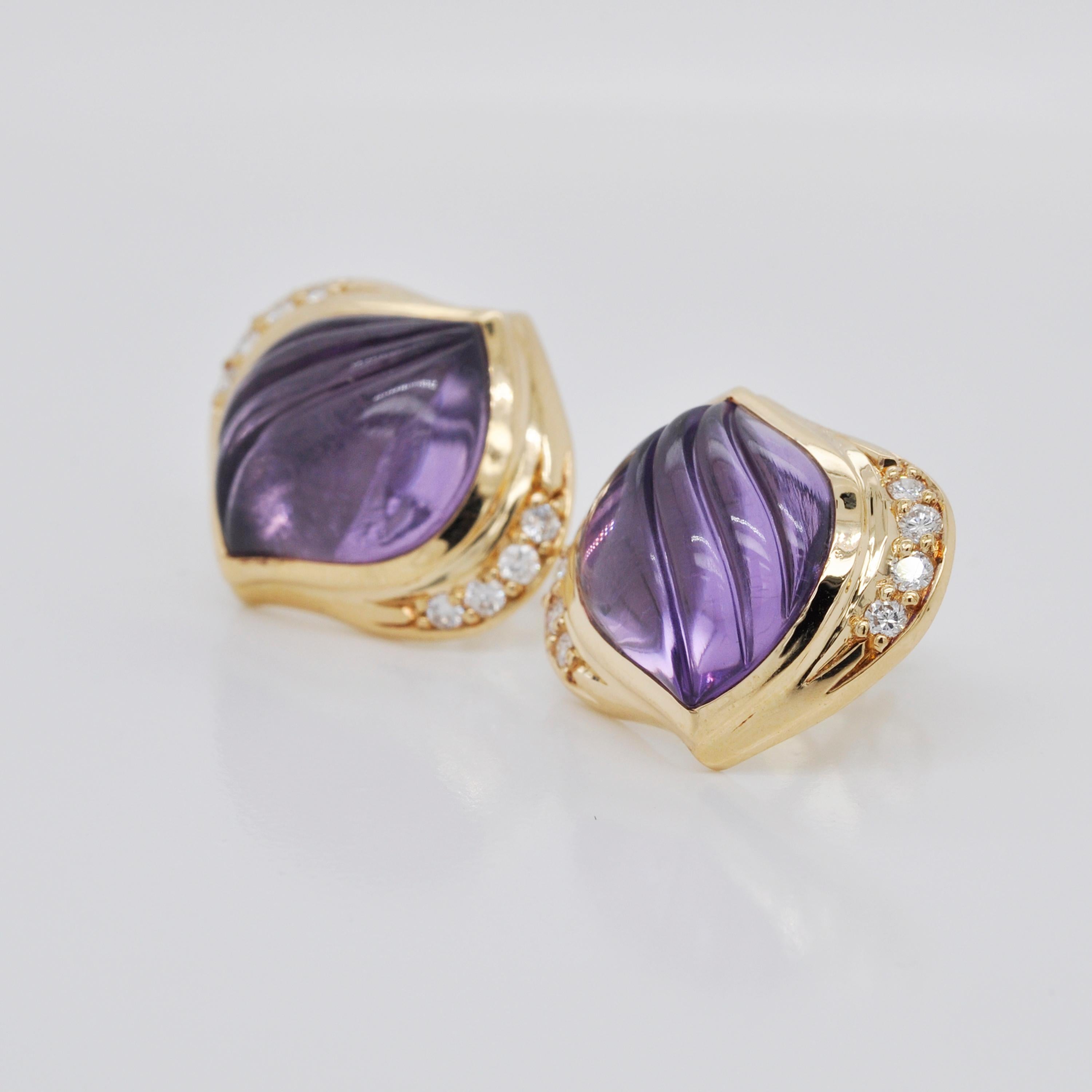18 Karat Gold Natural Amethyst Carving Diamond Stud Earrings For Sale 5