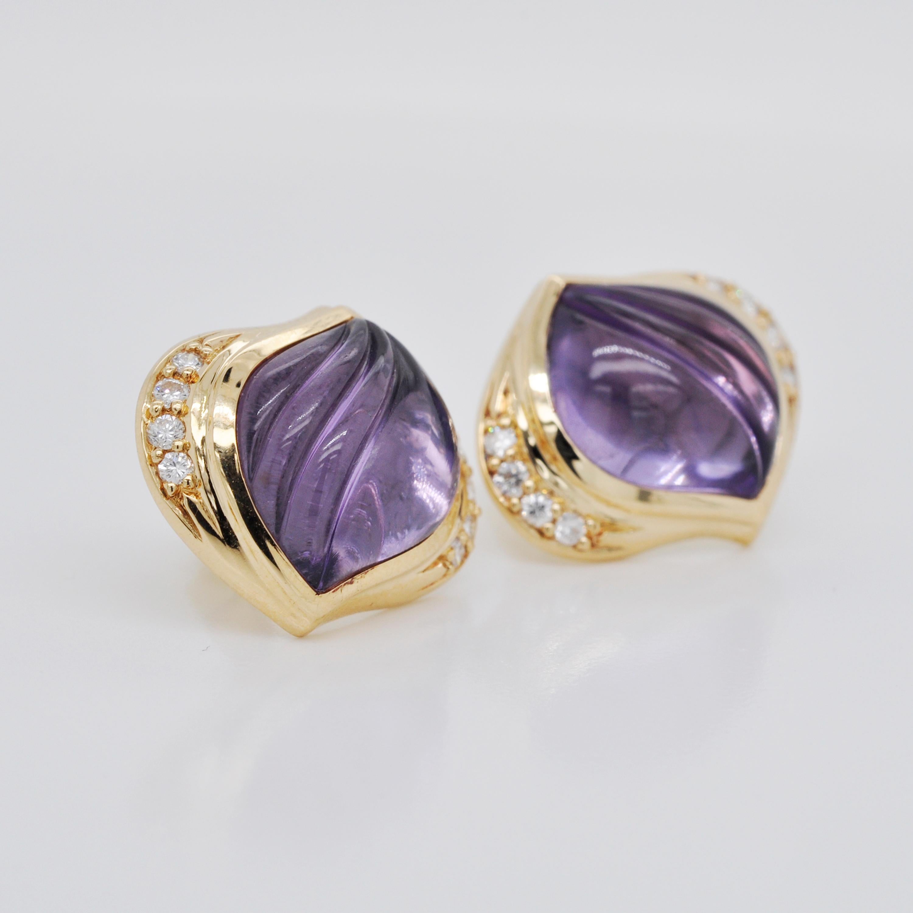 18 Karat Gold Natural Amethyst Carving Diamond Stud Earrings For Sale 6