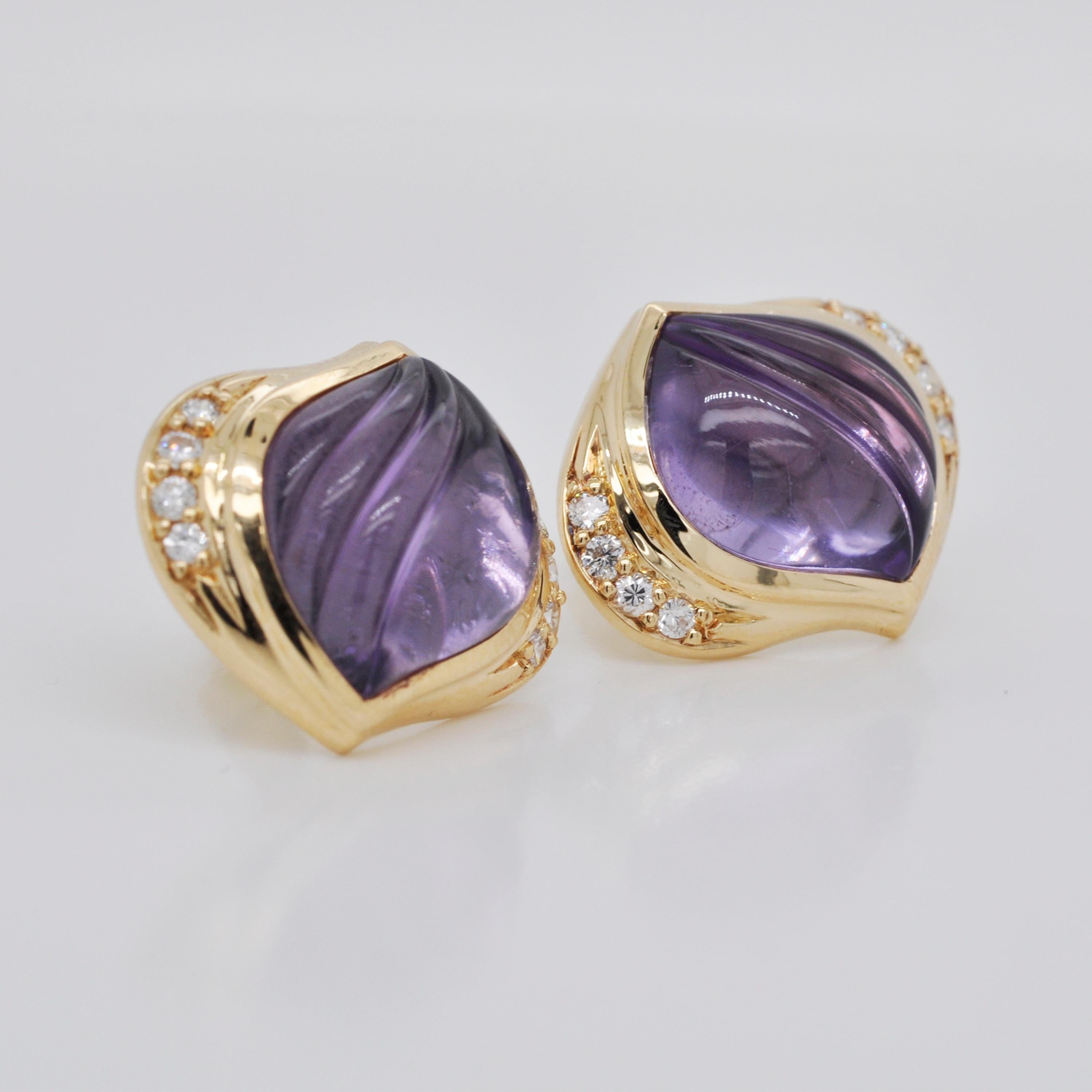 18 Karat Gold Natural Amethyst Carving Diamond Stud Earrings For Sale 7