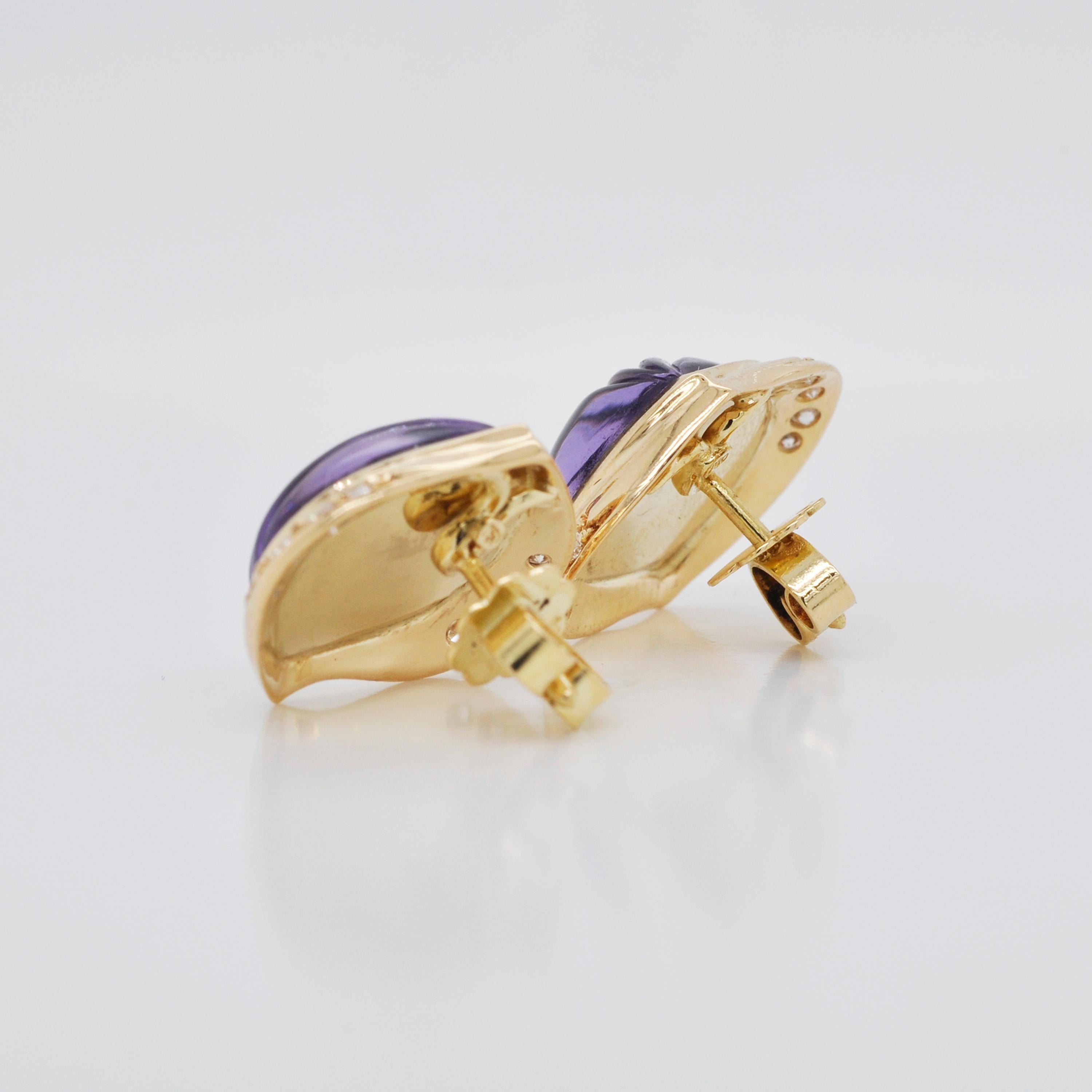18 Karat Gold Natural Amethyst Carving Diamond Stud Earrings For Sale 9