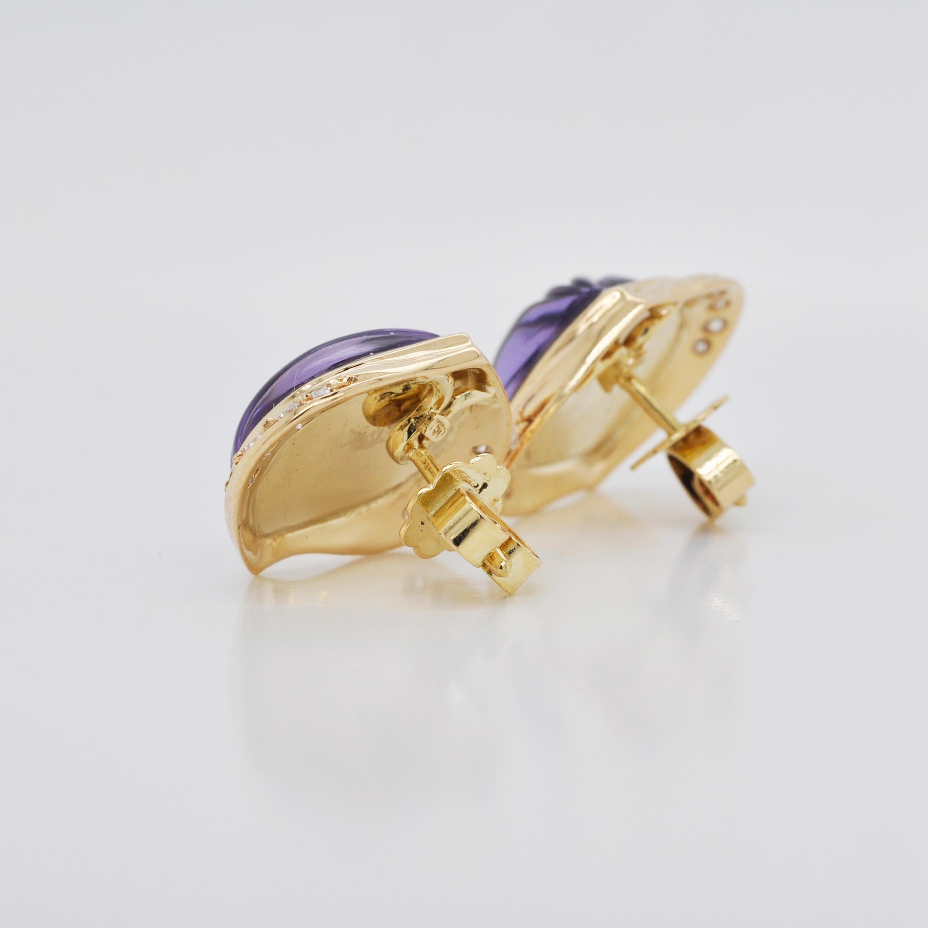 18 Karat Gold Natural Amethyst Carving Diamond Stud Earrings For Sale 10