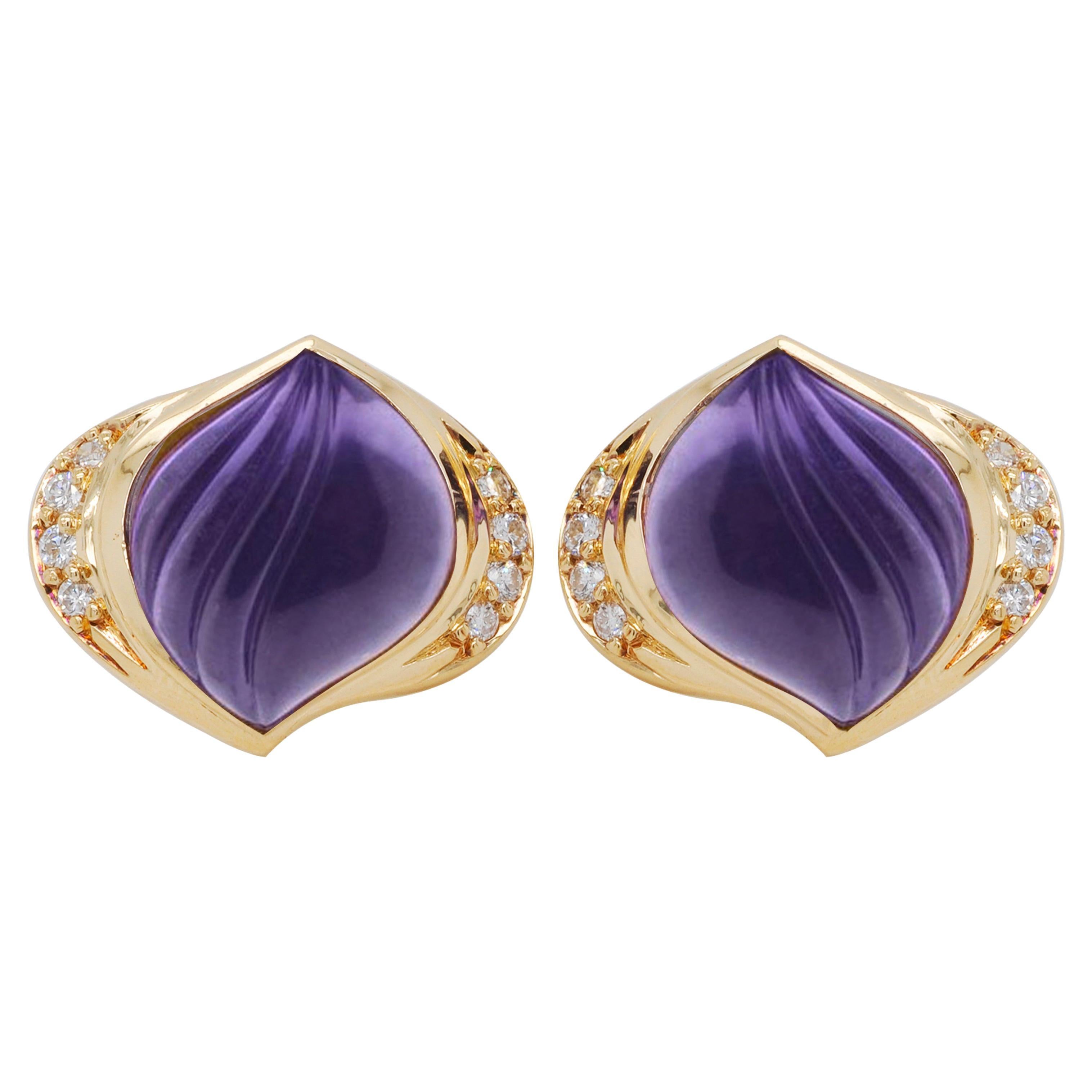18 Karat Gold Natural Amethyst Carving Diamond Stud Earrings For Sale