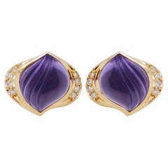 18 Karat Gold Natural Amethyst Carving Diamond Stud Earrings