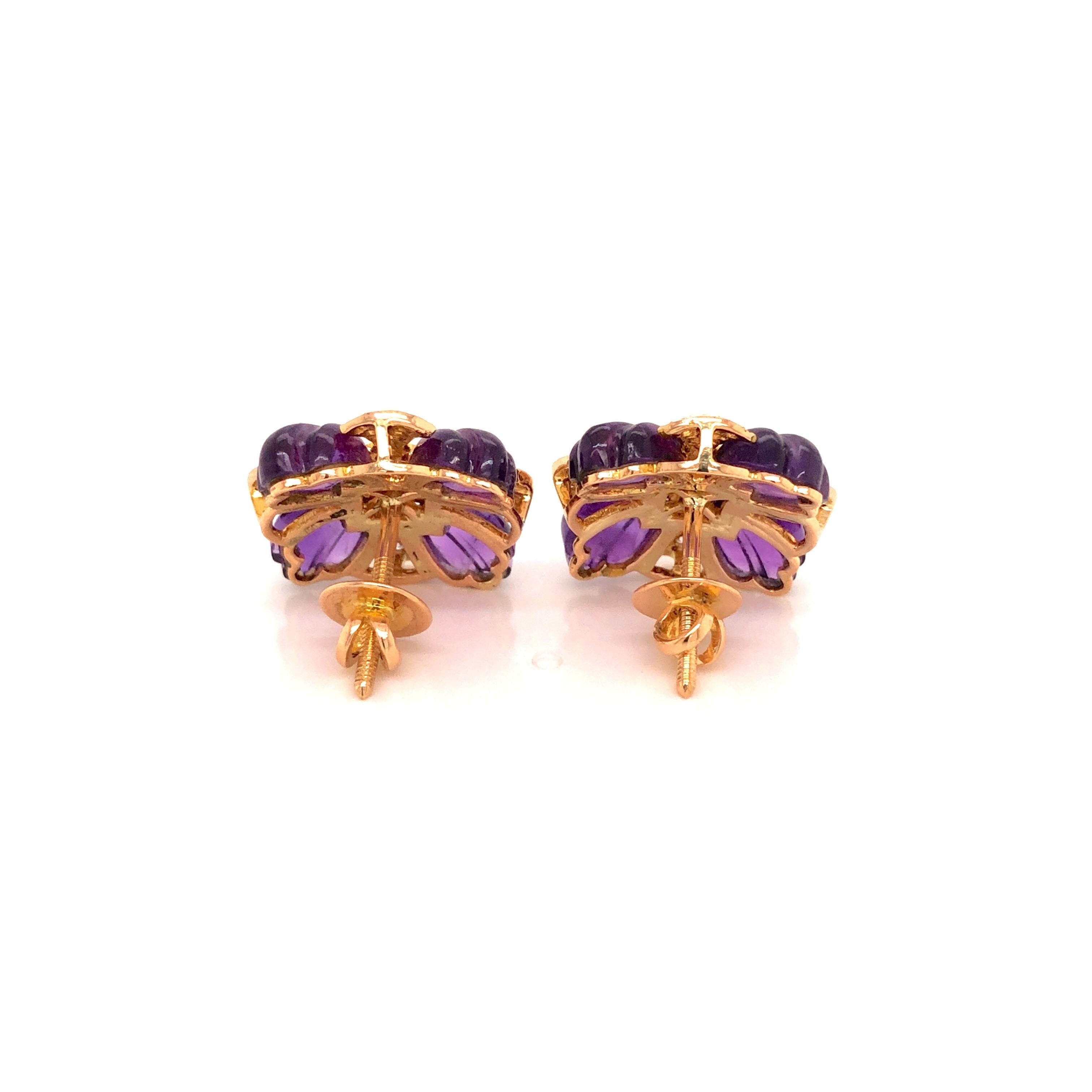 18 Karat Gold Natural Amethyst Carving with Diamond Stud Earrings 7
