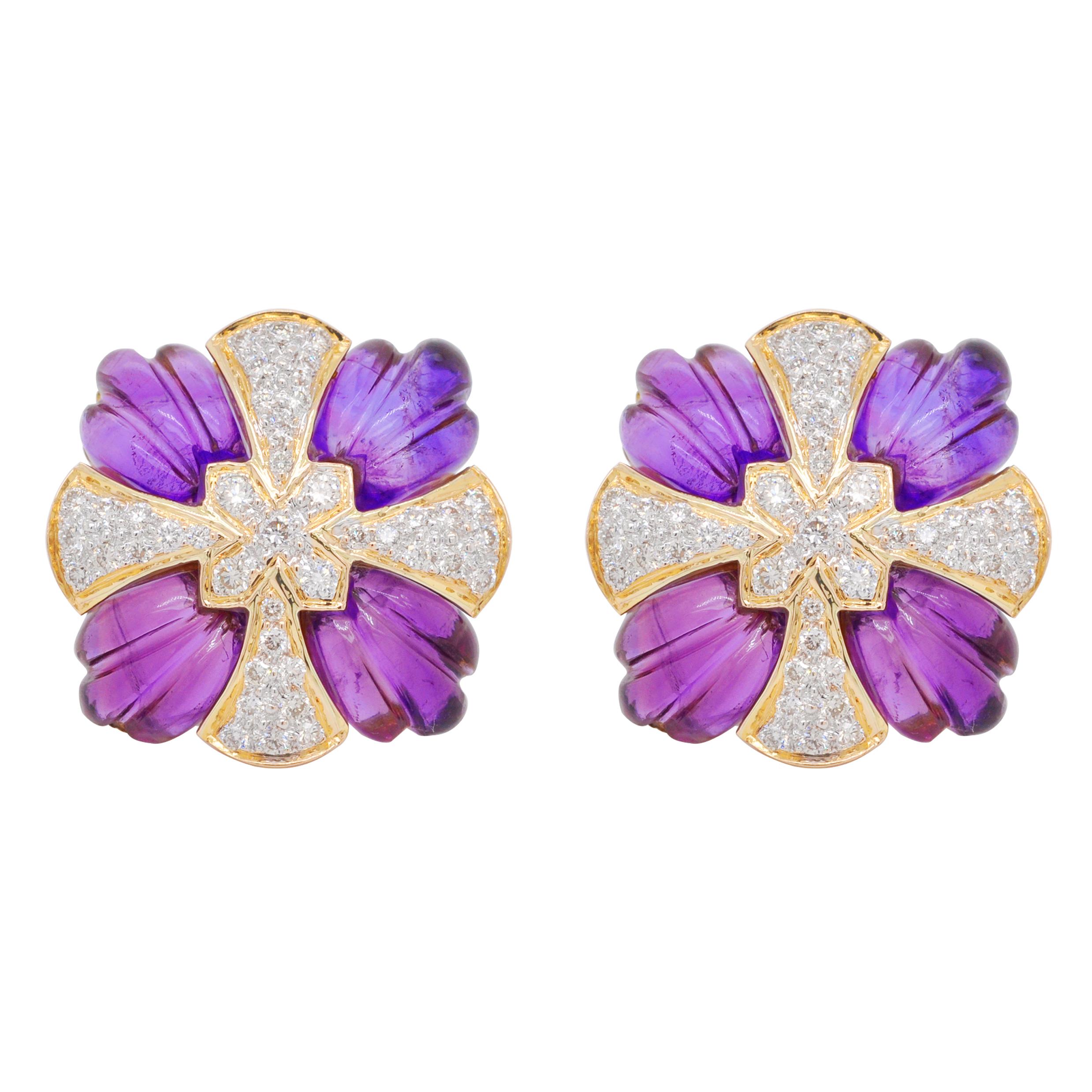 Mixed Cut 18 Karat Gold Natural Amethyst Carving with Diamond Stud Earrings  For Sale