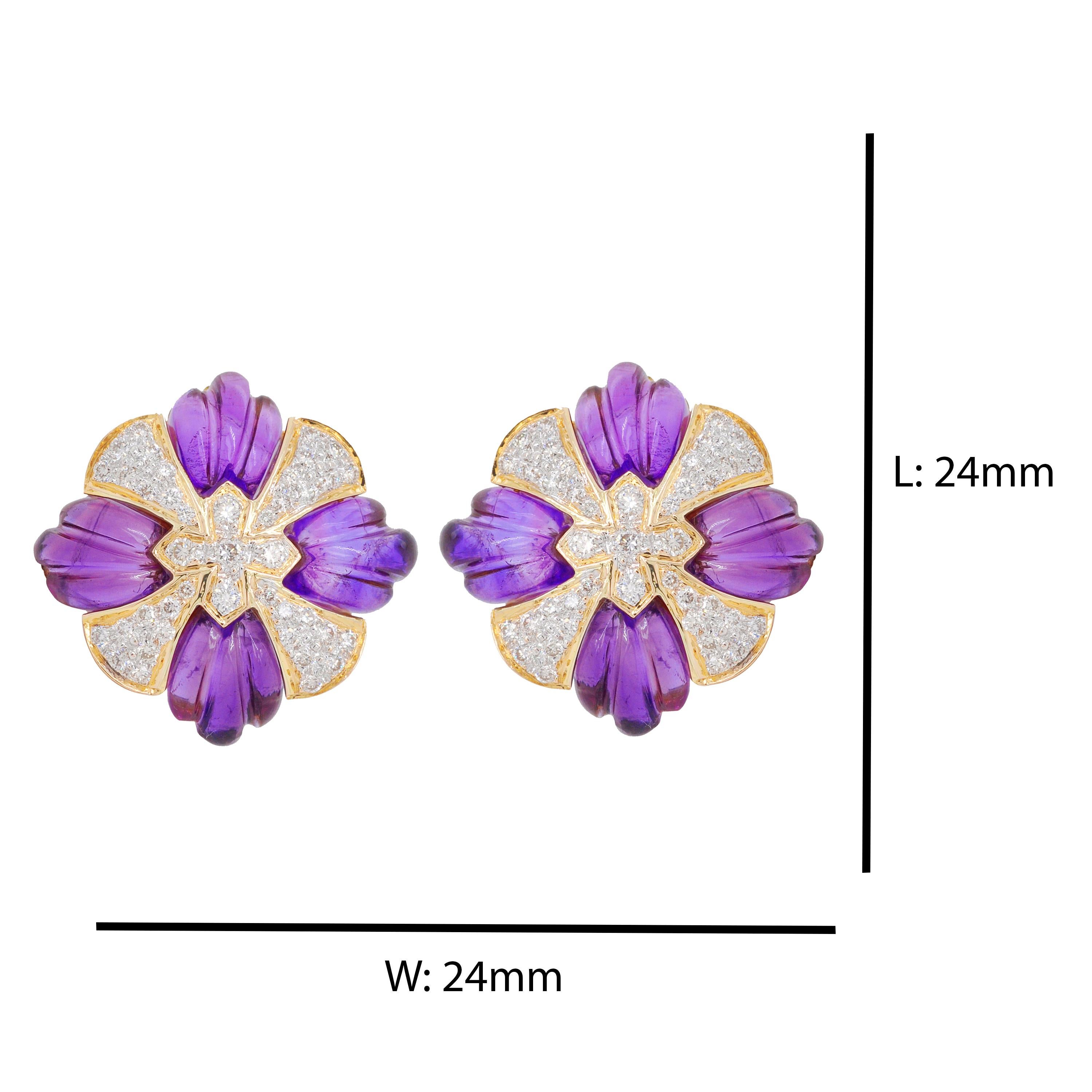 Modernist 18 Karat Gold Natural Amethyst Carving with Diamond Stud Earrings