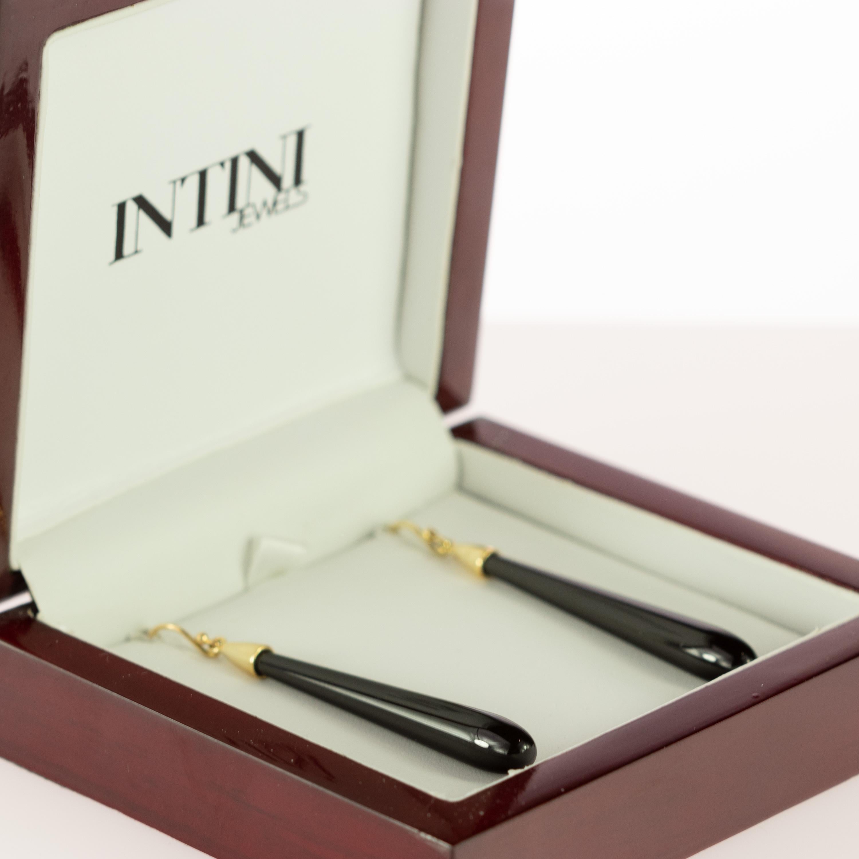 Orecchini da cocktail lunghi con goccia a lacrima in oro naturale 18 carati, agata nera, in grassetto in vendita 2