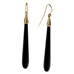 18 Karat Gold Natural Black Agate Bold Tear Drop Dangle Long Cocktail Earrings