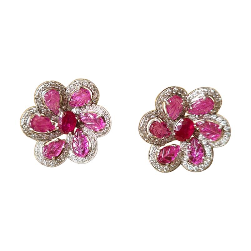 18 Karat Gold, Natural Cut and Carved Mozambique Ruby & Diamonds Stud Earrings