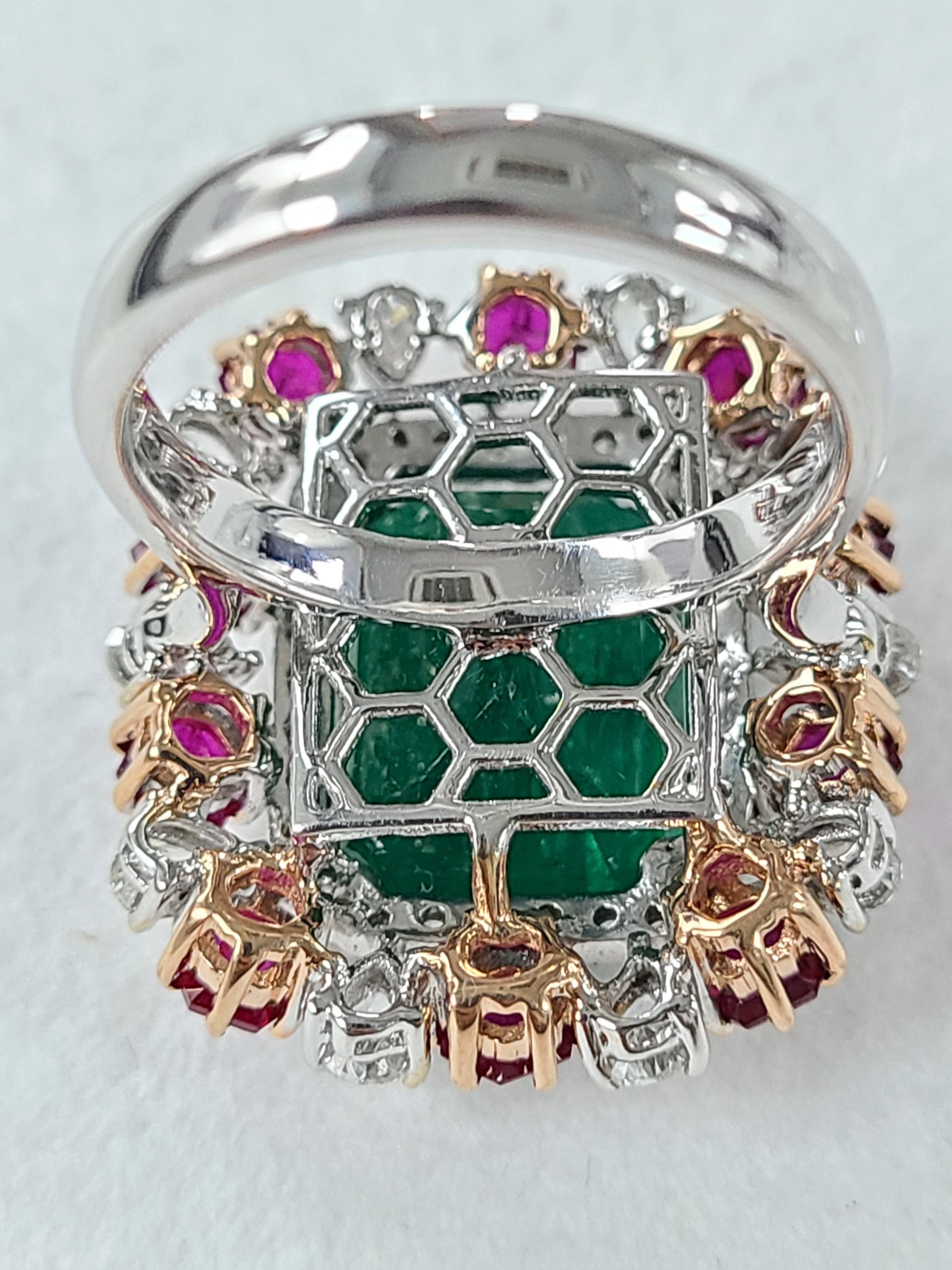 18 Karat Gold:: natürlicher Smaragd und unbehandelter Rubinring mit Diamanten für Damen oder Herren