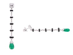 18 Karat Gold Natural Emerald, Diamond, and Black Enamel Drop Earrings