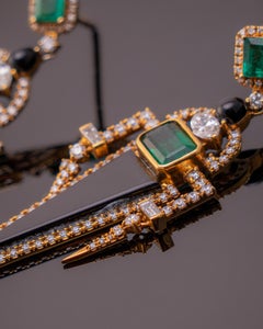 18 Karat Gold Natural Emerald, Diamond, and Black Onyx Dangle Earrings