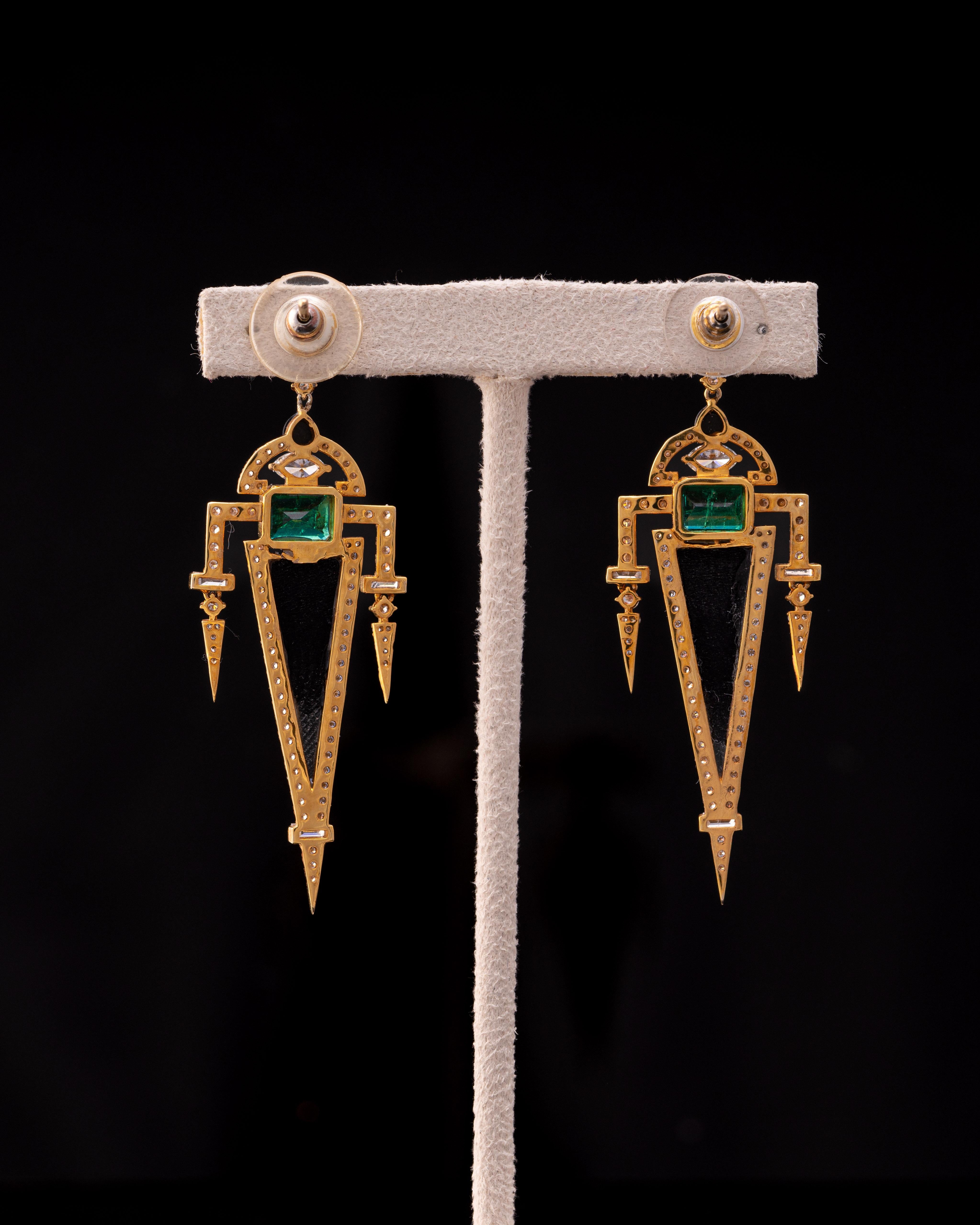 Emerald Cut 18 Karat Gold Natural Emerald, Diamond, and Black Onyx Dangle Earrings