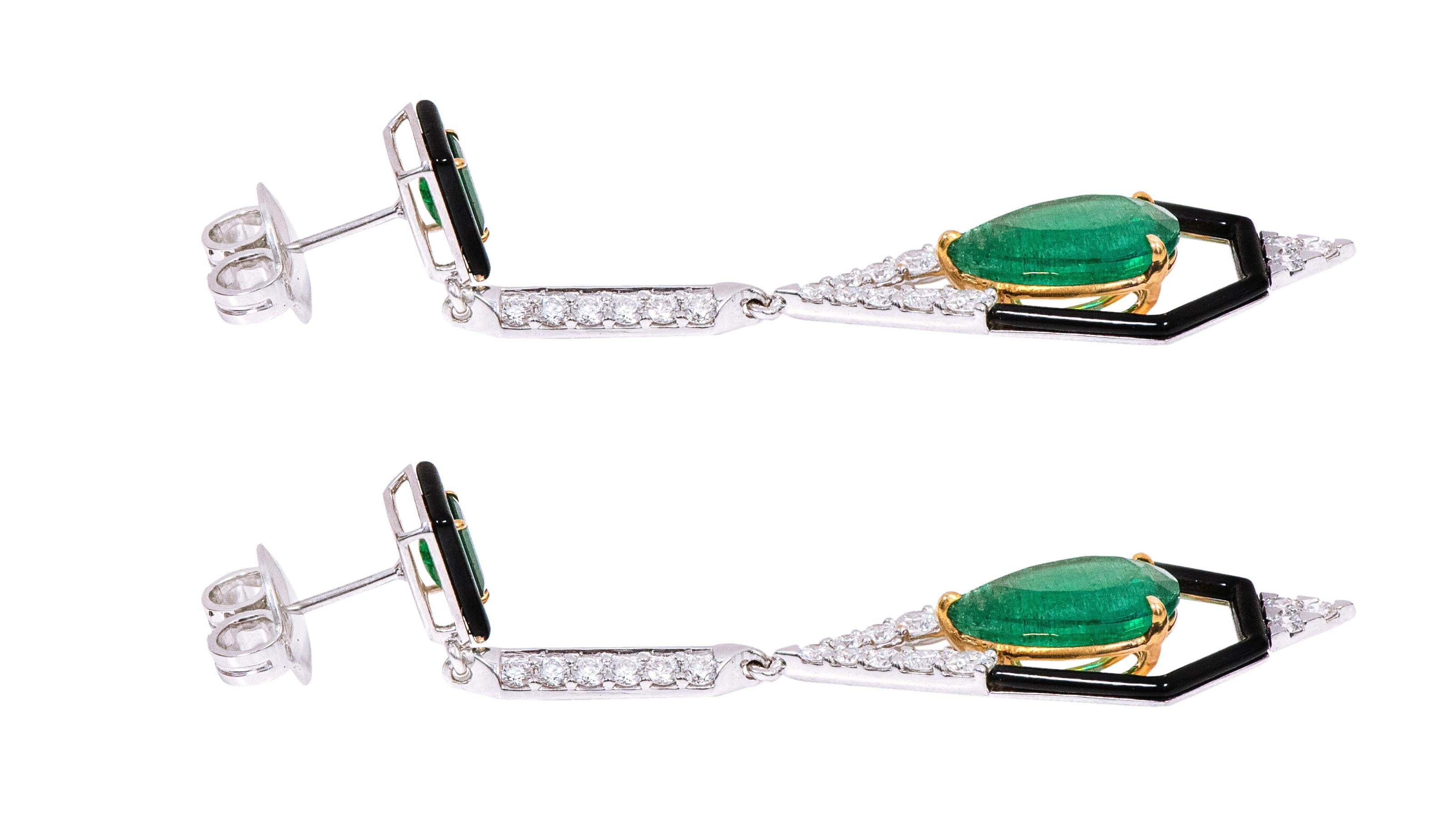 Modern 18 Karat Gold Natural Emerald, Diamond, and Black Onyx Dangle Earrings For Sale