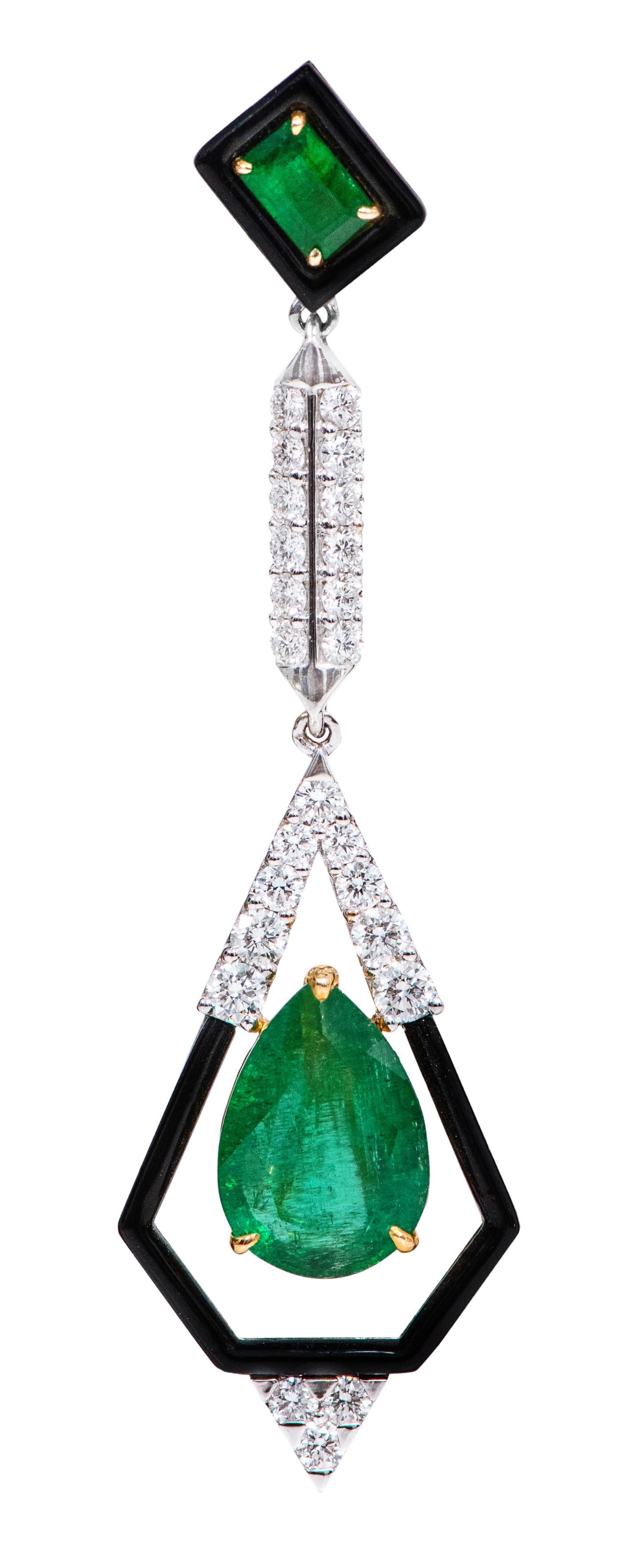 Pear Cut 18 Karat Gold Natural Emerald, Diamond, and Black Onyx Dangle Earrings For Sale