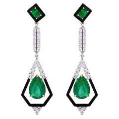 Pendants d'oreilles en or 18 carats avec émeraudes naturelles, diamants et onyx noir