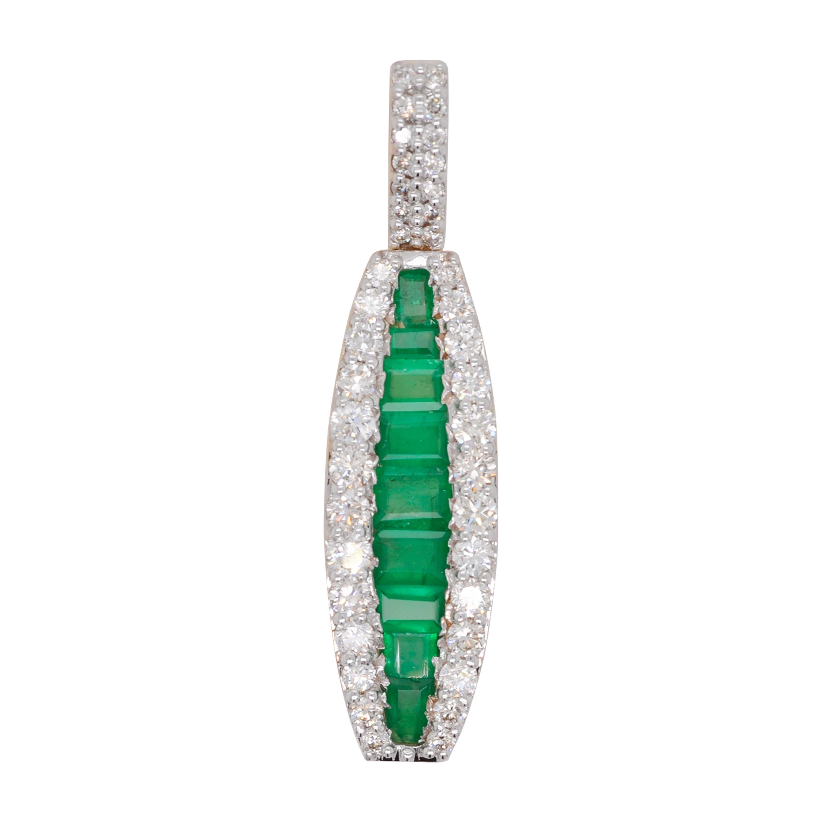 Tapered Baguette 18K Gold Zambian Emerald Diamond Pendant Necklace Huggies Earrings Ring Set For Sale