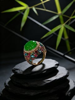 18K Rose Gold Natural Imperial Green Jadeite Cocktail Ring