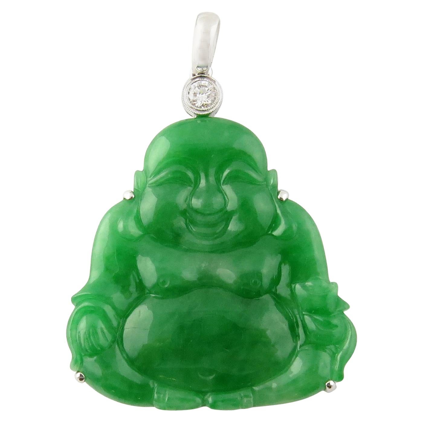 18 Karat Gold Natural Jade and Diamond Buddha Pendant 75.94 Carat