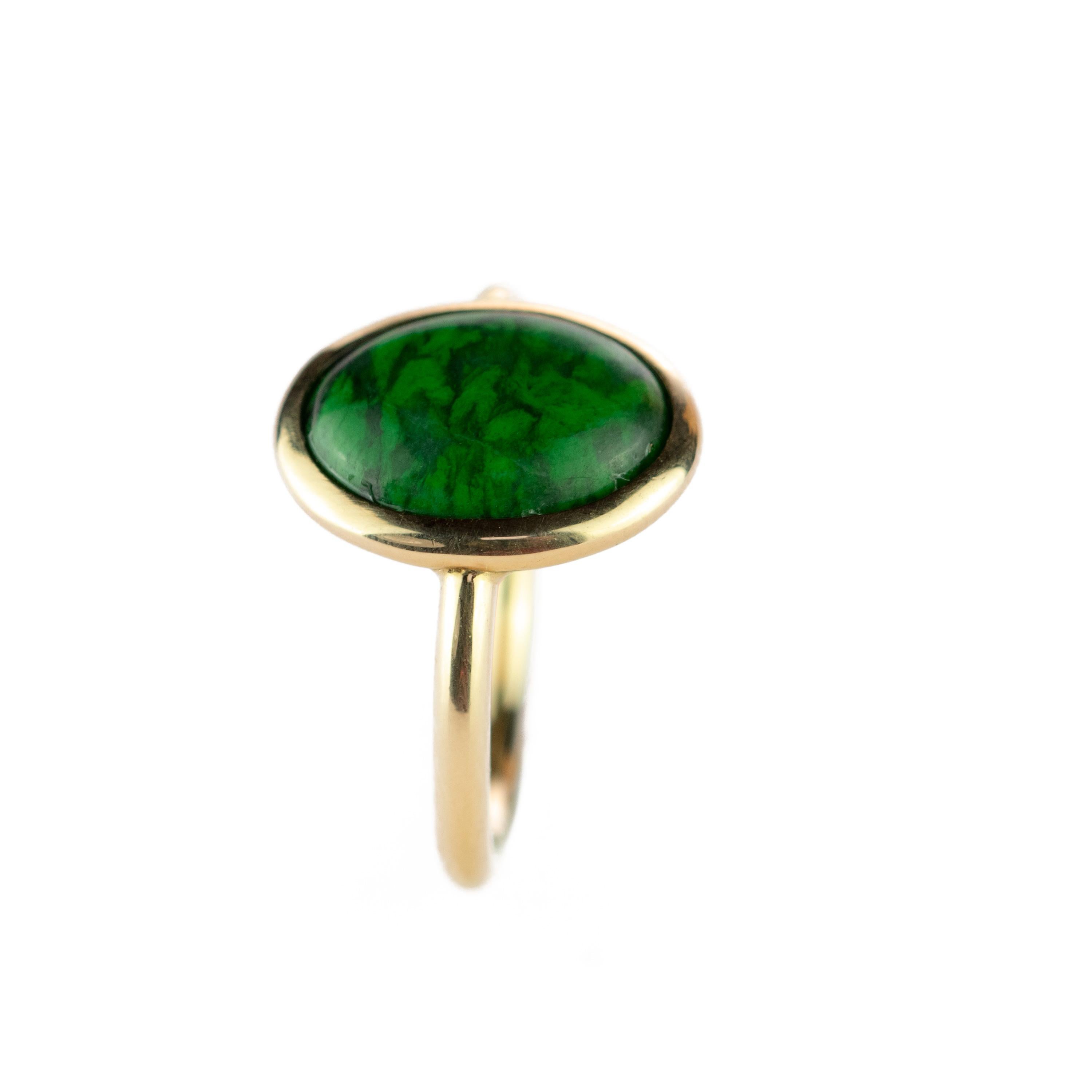 Women's 18 Karat Gold Natural Jade Green Central Oval Cabochon Boho Woman Cocktail Ring For Sale