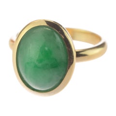 18 Karat Gold Natural Jade Green Central Oval Cabochon Boho Woman Cocktail Ring