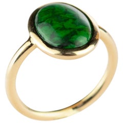 18 Karat Gold Natural Jade Green Central Oval Cabochon Boho Woman Cocktail Ring