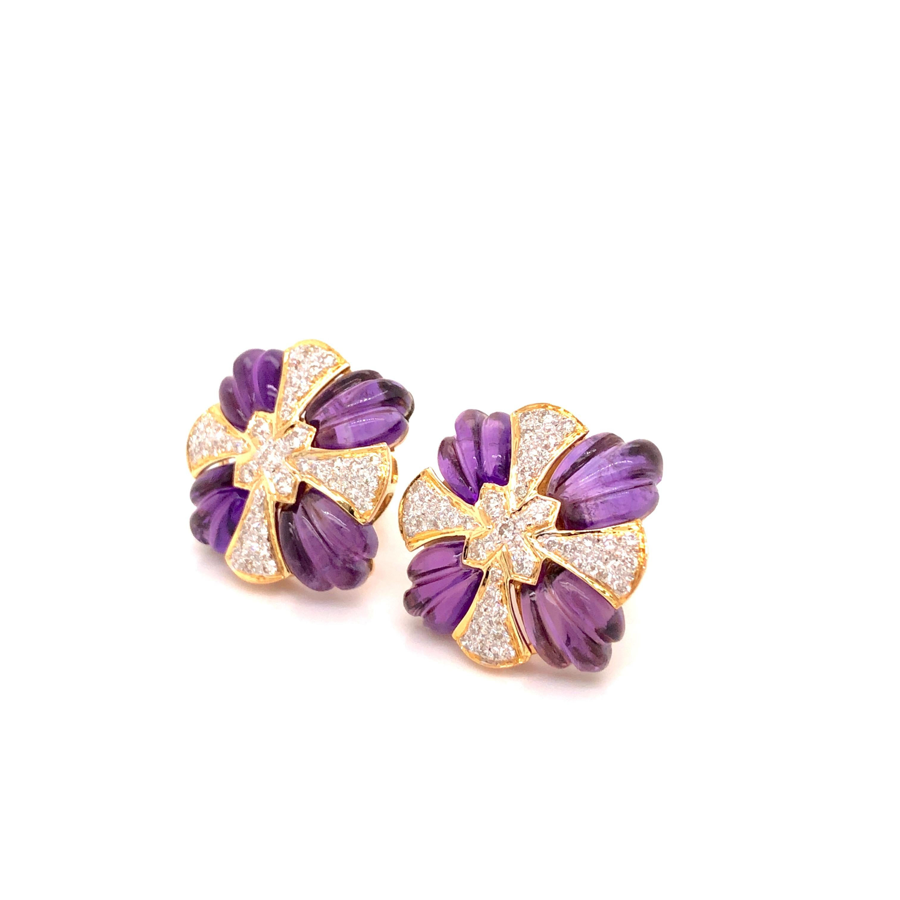 Women's 18 Karat Gold Natural One-of-a-Kind Amethyst Carving with Diamond Stud Earrings For Sale