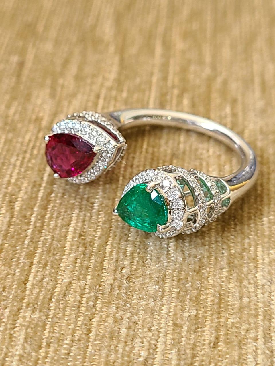 Artisan 18 Karat Gold, Natural Pear Emerald & Rubilite and Diamonds Cocktail Ring