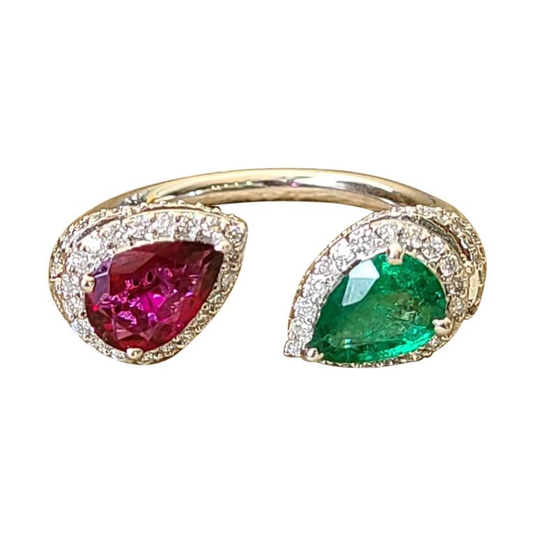 18 Karat Gold, Natural Pear Emerald & Rubilite and Diamonds Cocktail Ring