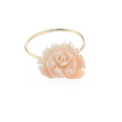 18 Karat Gold Natural Pink Coral Carved Rose Flower Handmade Chic Cocktail Ring