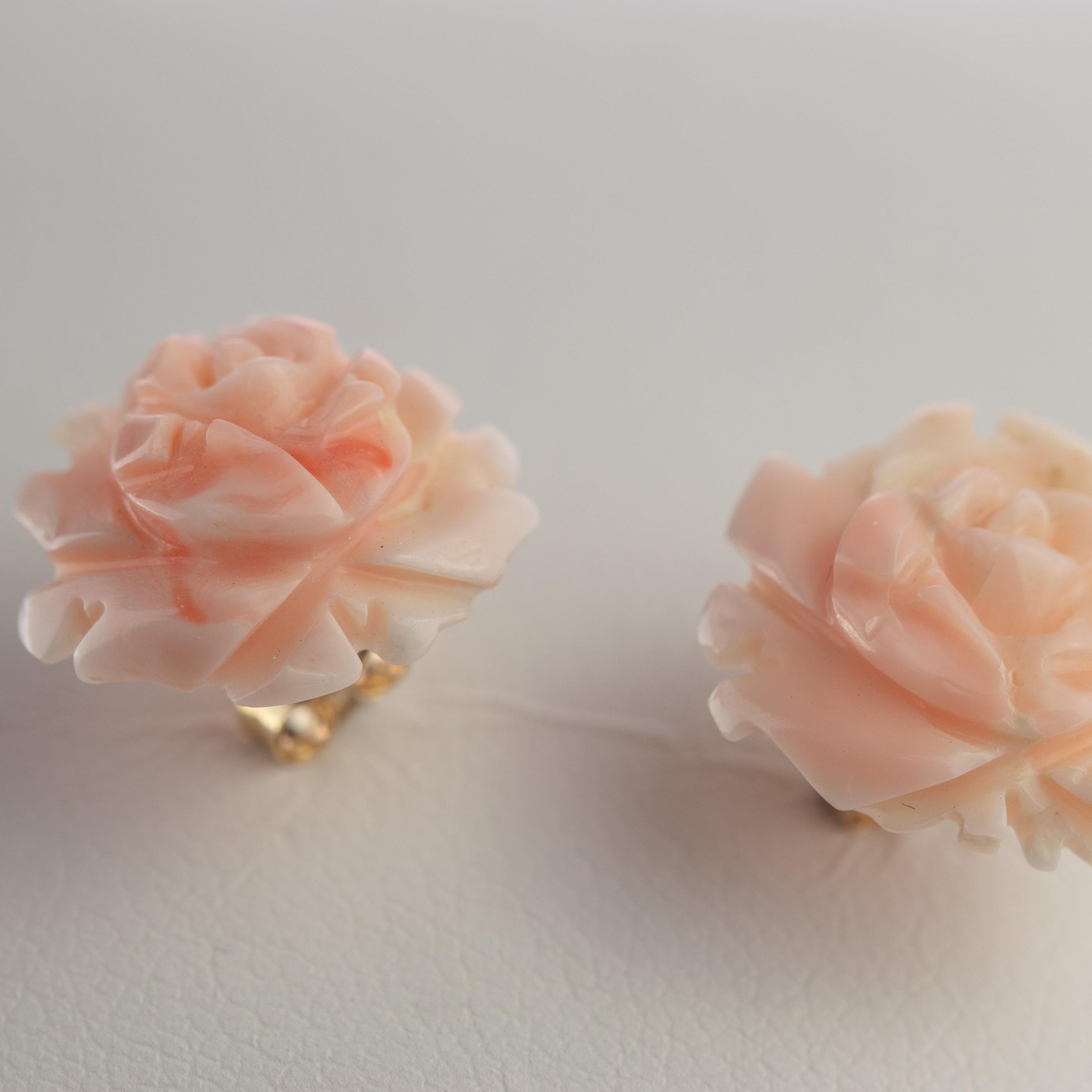 Artisan 14 Karat Gold Natural Pink Coral Carved Rose Flower Stud Crafted Girl Earrings For Sale
