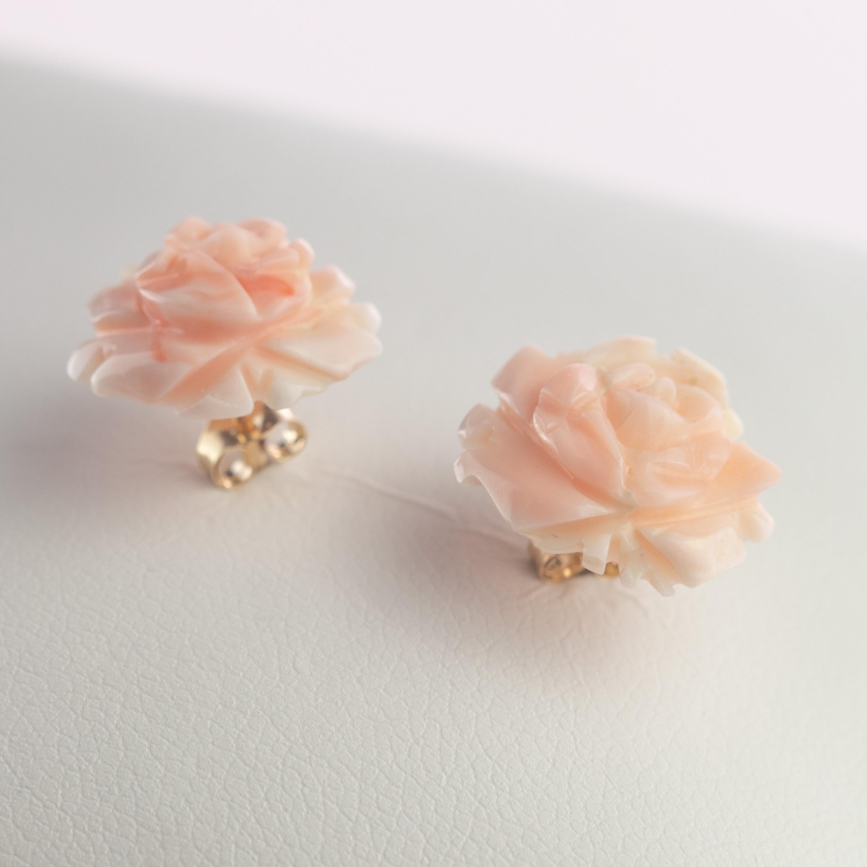 Artisan 18 Karat Gold Natural Pink Coral Carved Rose Flower Stud Crafted Girl Earrings For Sale