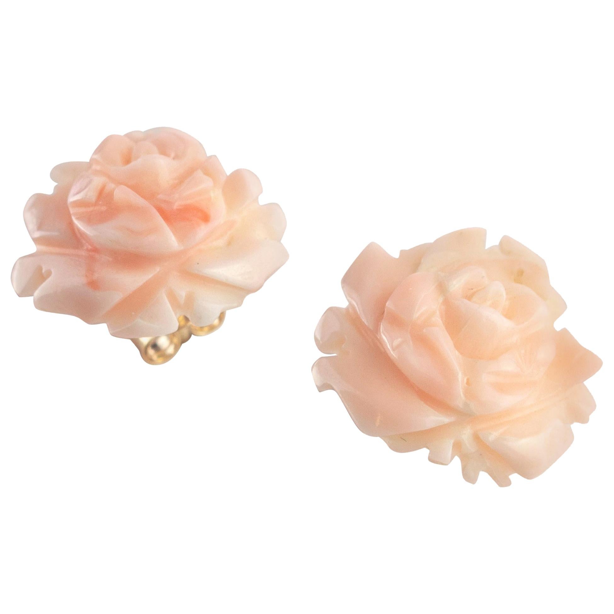 18 Karat Gold Natural Pink Coral Carved Rose Flower Stud Crafted Girl Earrings